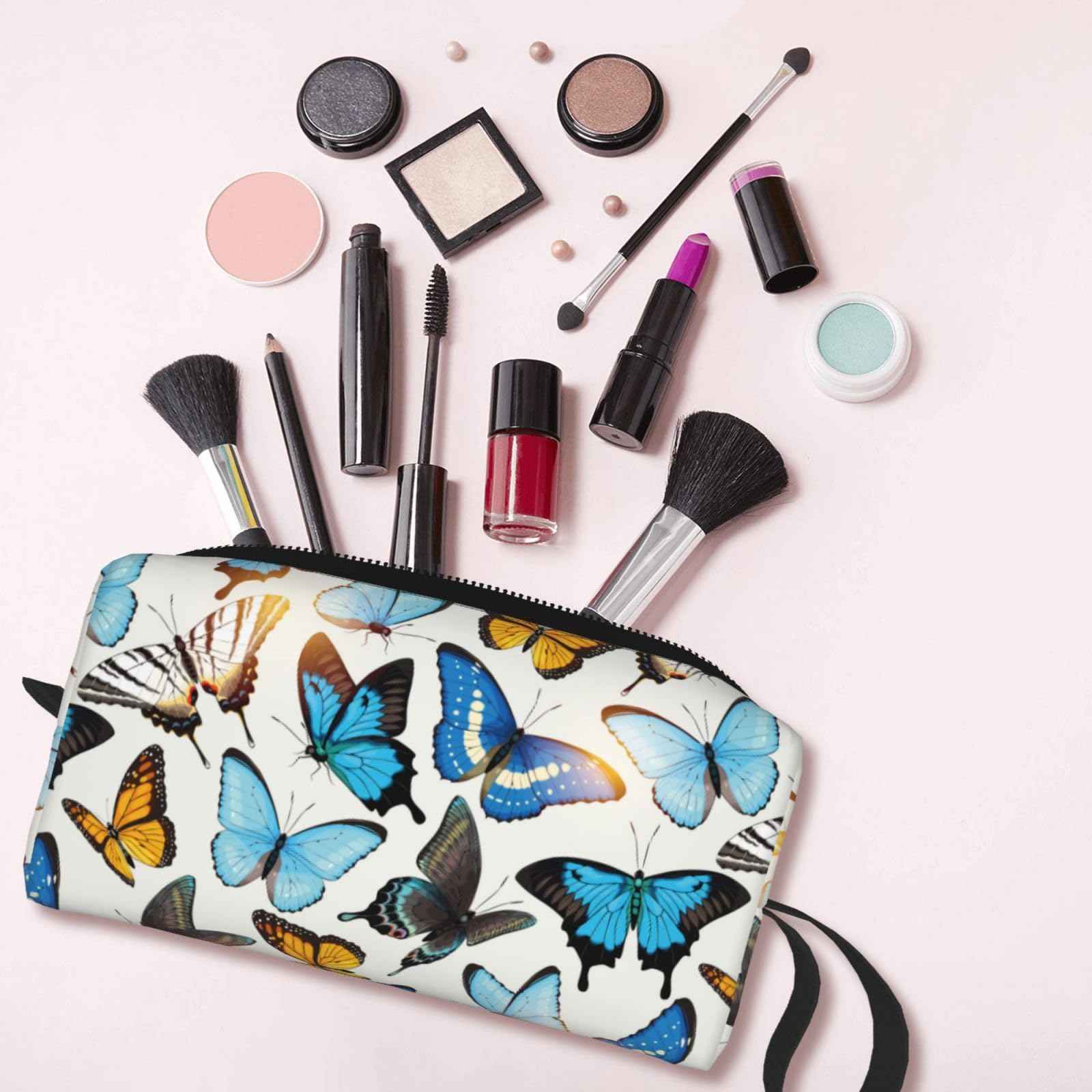 JKJOJIA Stylish Butterfly Makeup Bag Organizer Small Cosmetic Bags Portable Travel Toiletry Bag With Handle Simple Accessories Storage Zipper Pouch For Women Girl