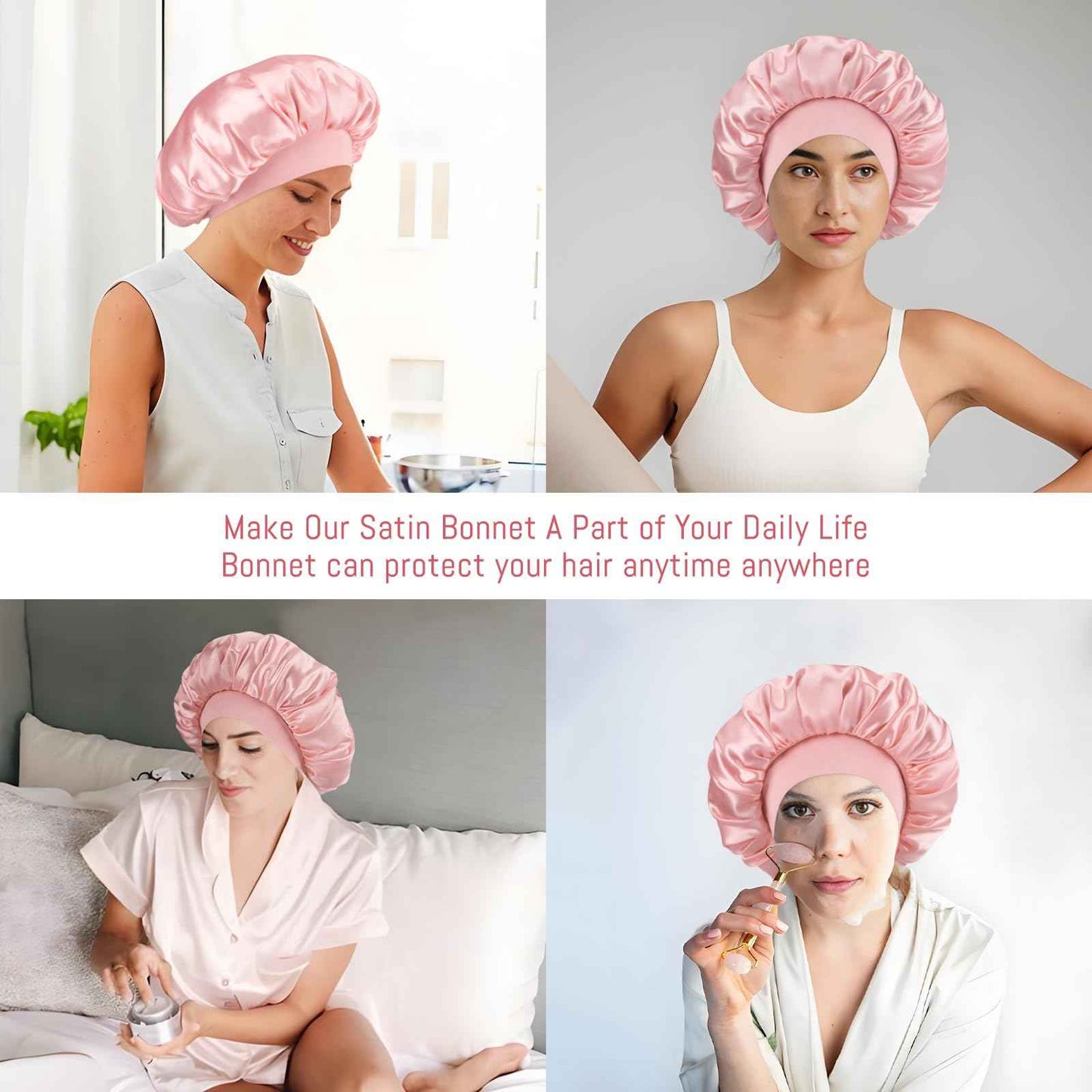 Silk Satin Bonnet for Sleeping Women，Double Layer Silk Satin Sleep Cap with Elastic Band for Natural Curly Hair(1PCS,Pink)