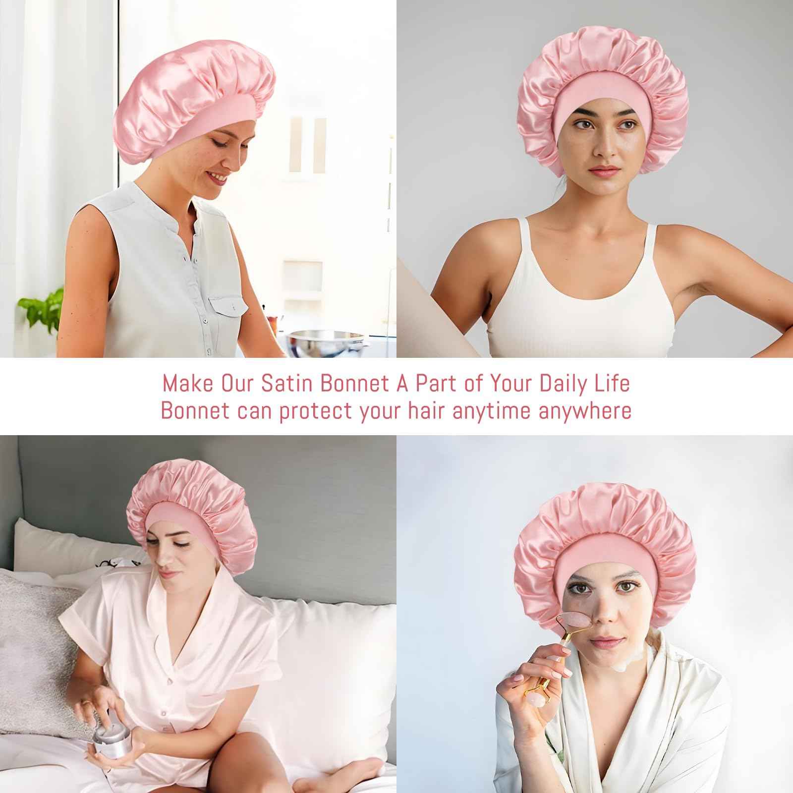 Silk Satin Bonnet for Sleeping Women，Double Layer Silk Satin Sleep Cap with Elastic Band for Natural Curly Hair(1PCS,Pink)