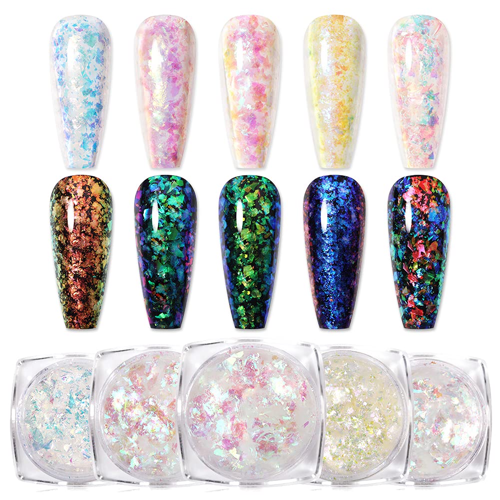 Born Pretty Nail Confetti Powder Chameleon Flakes Paillette Chrome Nail Powder Irregular Nail Art Glitter Sequins Flakes 5 Jars