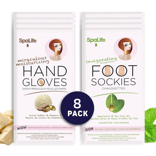 SpaLife Moisturizing Hand Gloves and Foot Sockies Bundle - 5 Hand Gloves & 5 Foot Sockies Set for Hydrating Dry, Cracked Hands and Feet - Repairing Skincare Mini Gift Set