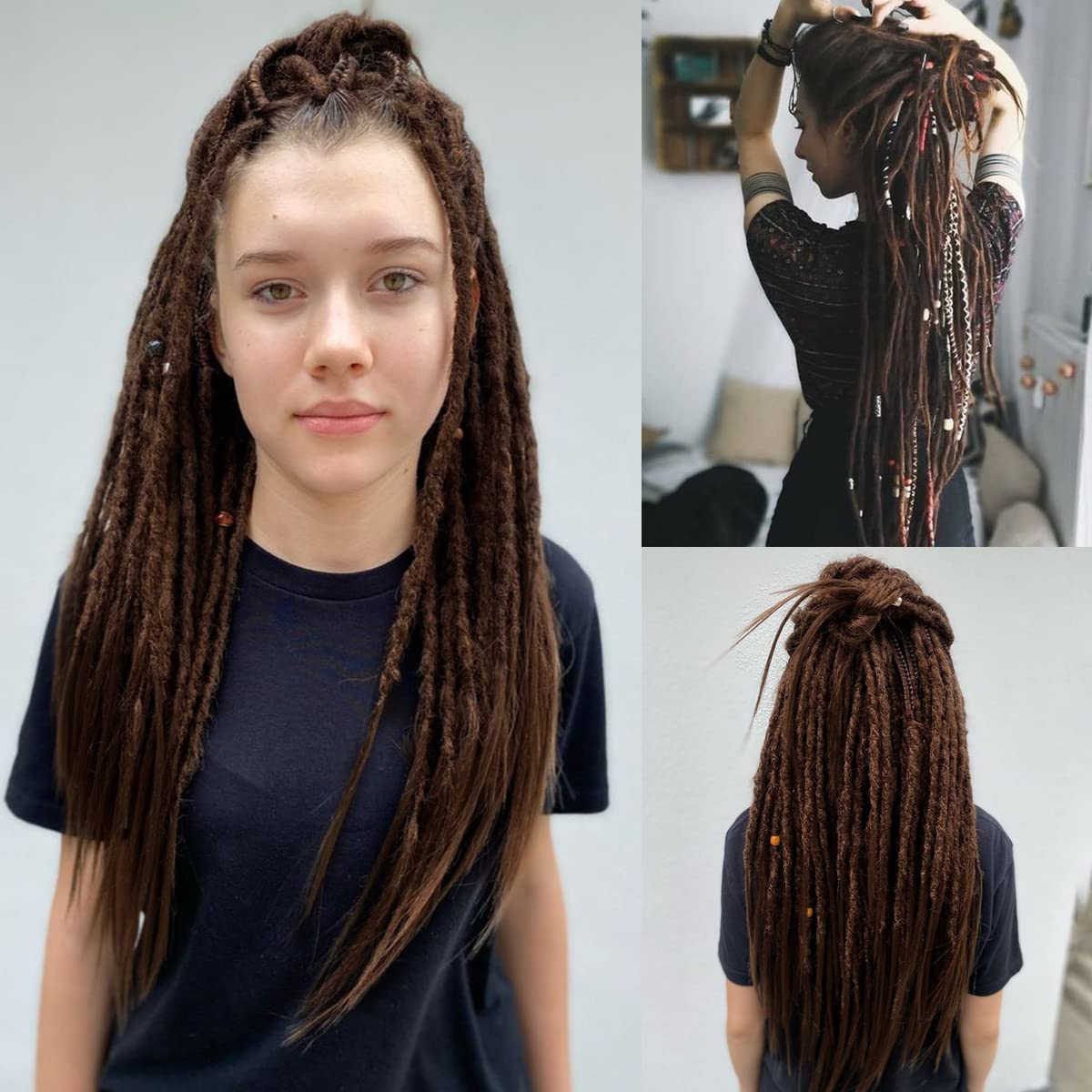 Sangtok 15 pcs Double Ended Dreadlock Extensions, 24 inch Chocolate Thin 0.6cm Fake Dreads Extensions, DE Synthetic Dreadlock Extensions Reggae Hippie Dreads for Women