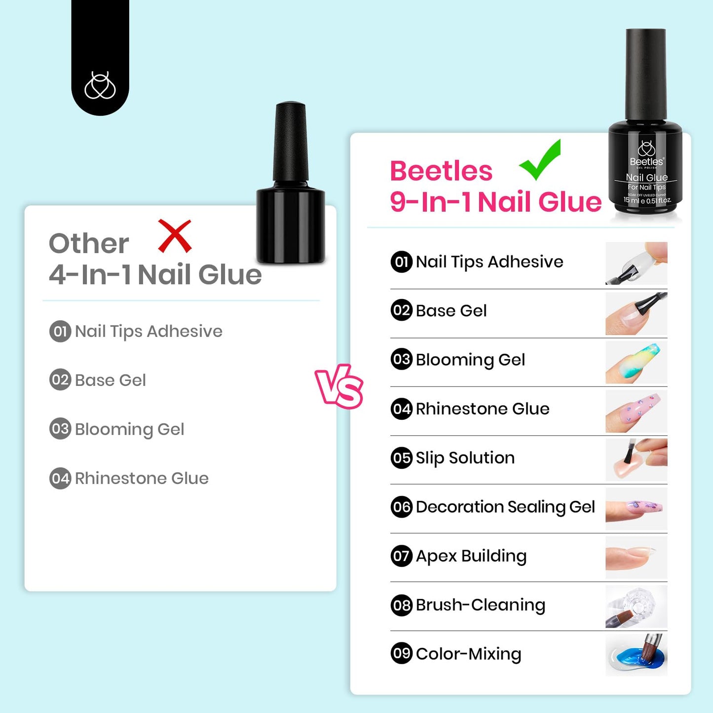 Beetles Nail Glue and Blooming Gel Set 15ml 9 In 1 Gel Nail Glue for False Nail Tips/Bloom Gel/Adhesive Bond UV Extension Glue Long Lasting Curing Needed