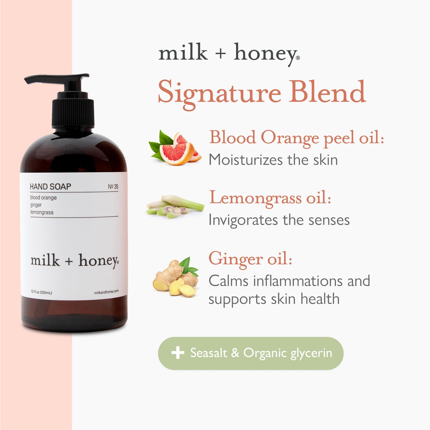 milk + honey Liquid Hand Soap No. 35, Moisturizing Hand Soap with Blood Orange, Lemongrass, and Ginger, Bright and Citrus Natural Hand Soap, 12 Fl Oz