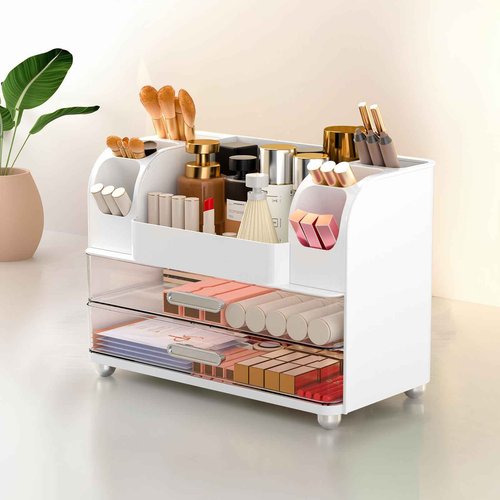 Ailleda Makeup Organizer Countertop with 2 Large Drawers, Vanity Organizer with Brush Holder, Skin Care Storage for Dresser, Perfume Organizer for Lotion, Lipsitck, Palette(White)