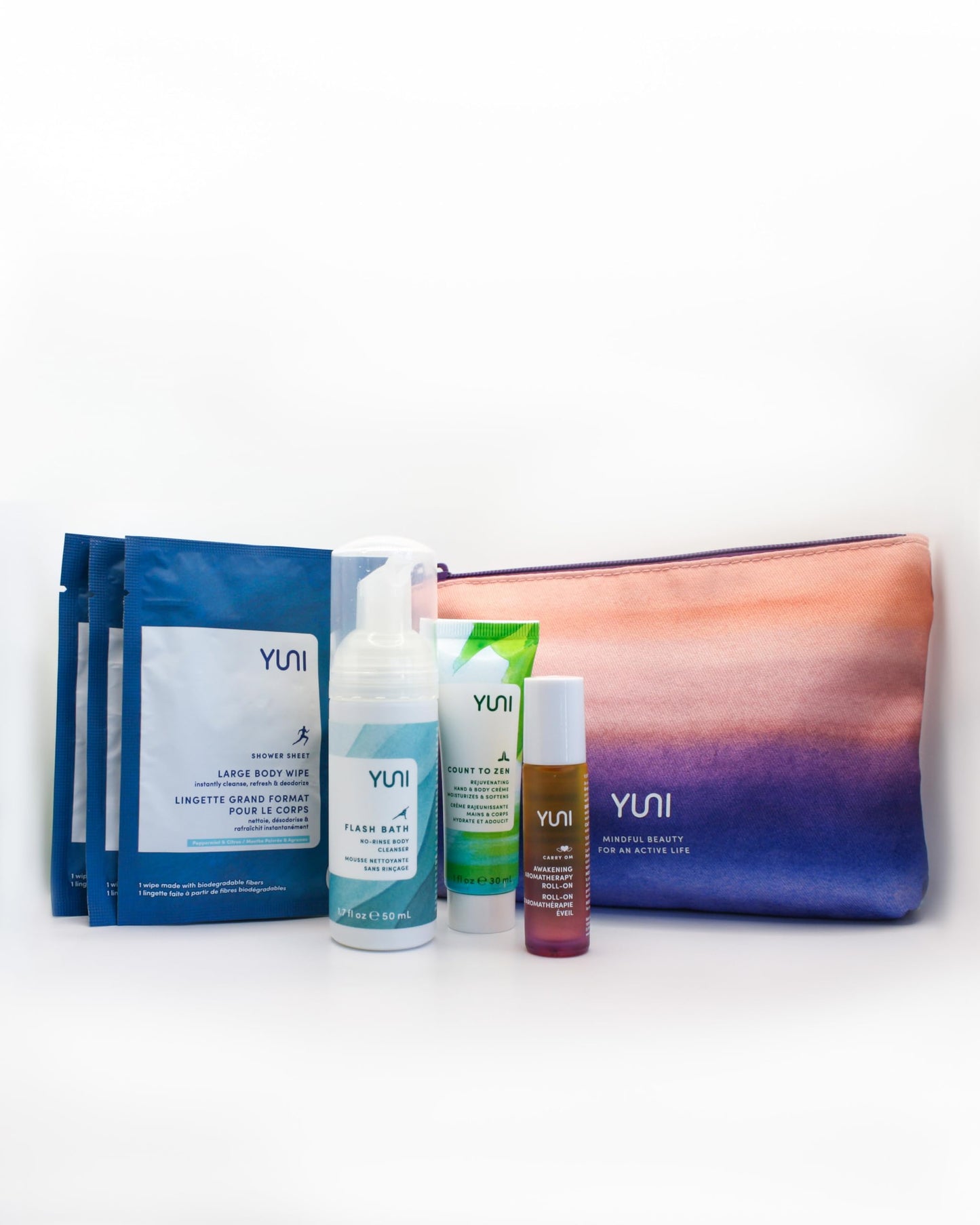 YUNI Beauty Natural Travel Essentials Kit (7pc kit) Beauty On the Run Travel Size Body Care Kit - Cleanse, Refresh, Hydrate - Save Time - All Natural, Paraben-Free, Cruelty-Free