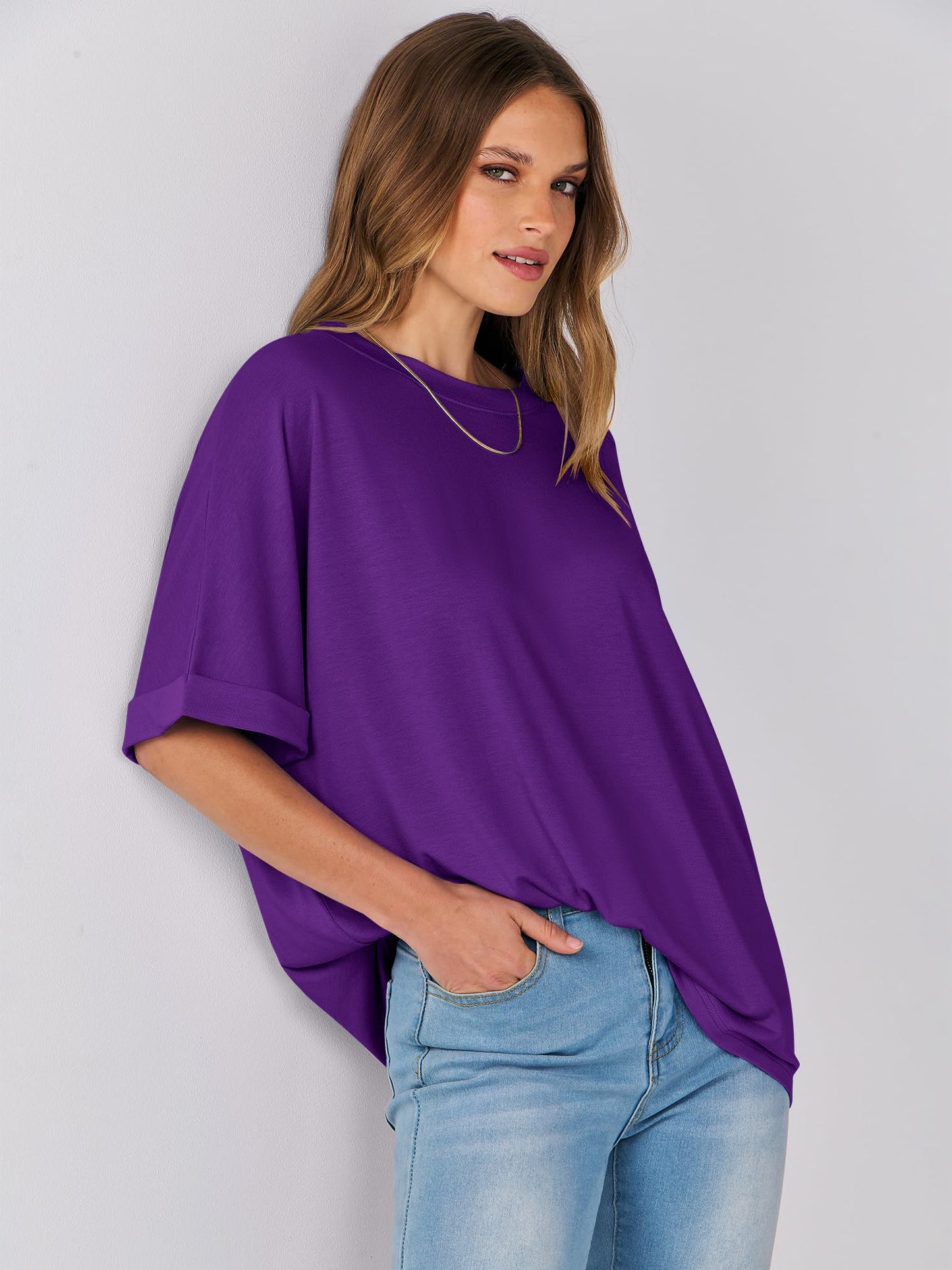 ANRABESS Women's Oversized T Shirts Short Sleeve Crewneck Summer Tops Casual Loose Basic Tee Shirts 2024 Trendy Clothes Dark Purple Small