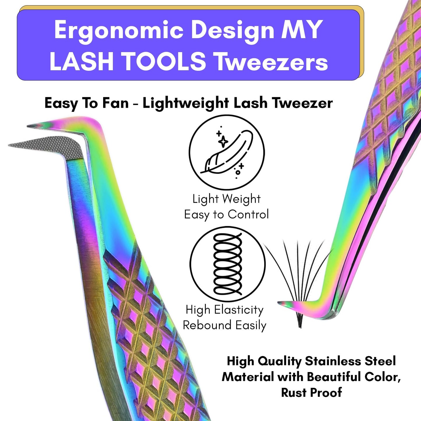 My Lash Tools Lash Tweezers For Eyelash Extension Precision Fiber Tip Lash Tweezers for Eyelash Extensions 90 Degree Mega Volume Boot tweezers for women | Stainless Steel Lashing Tweezers (Rainbow)