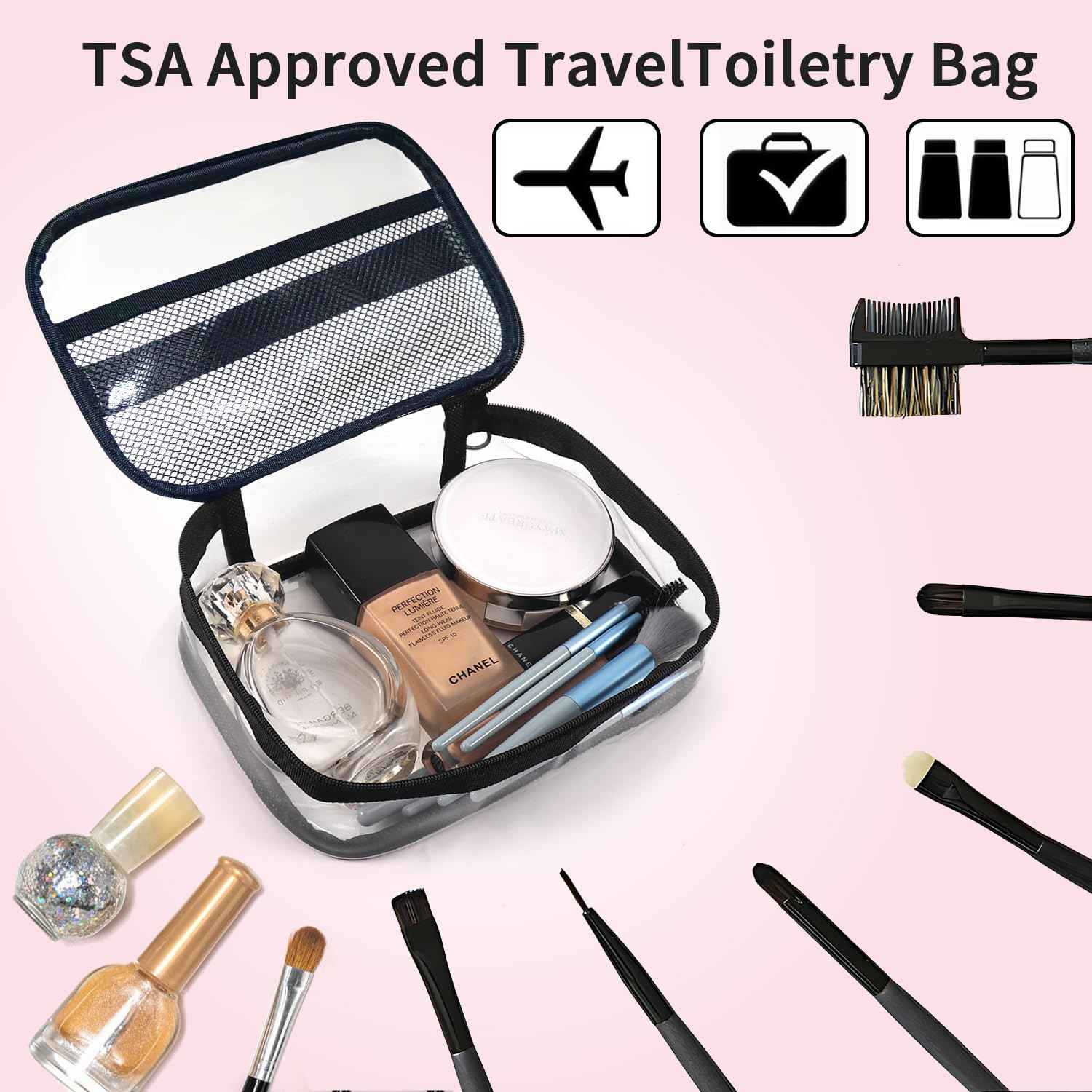 leevanoo Clear Makeup Bags with Mesh Top，Clear PVC with Zipper Handle Portable Travel Luggage Pouch，TSA Approved Cosmetic Organizer (Black)