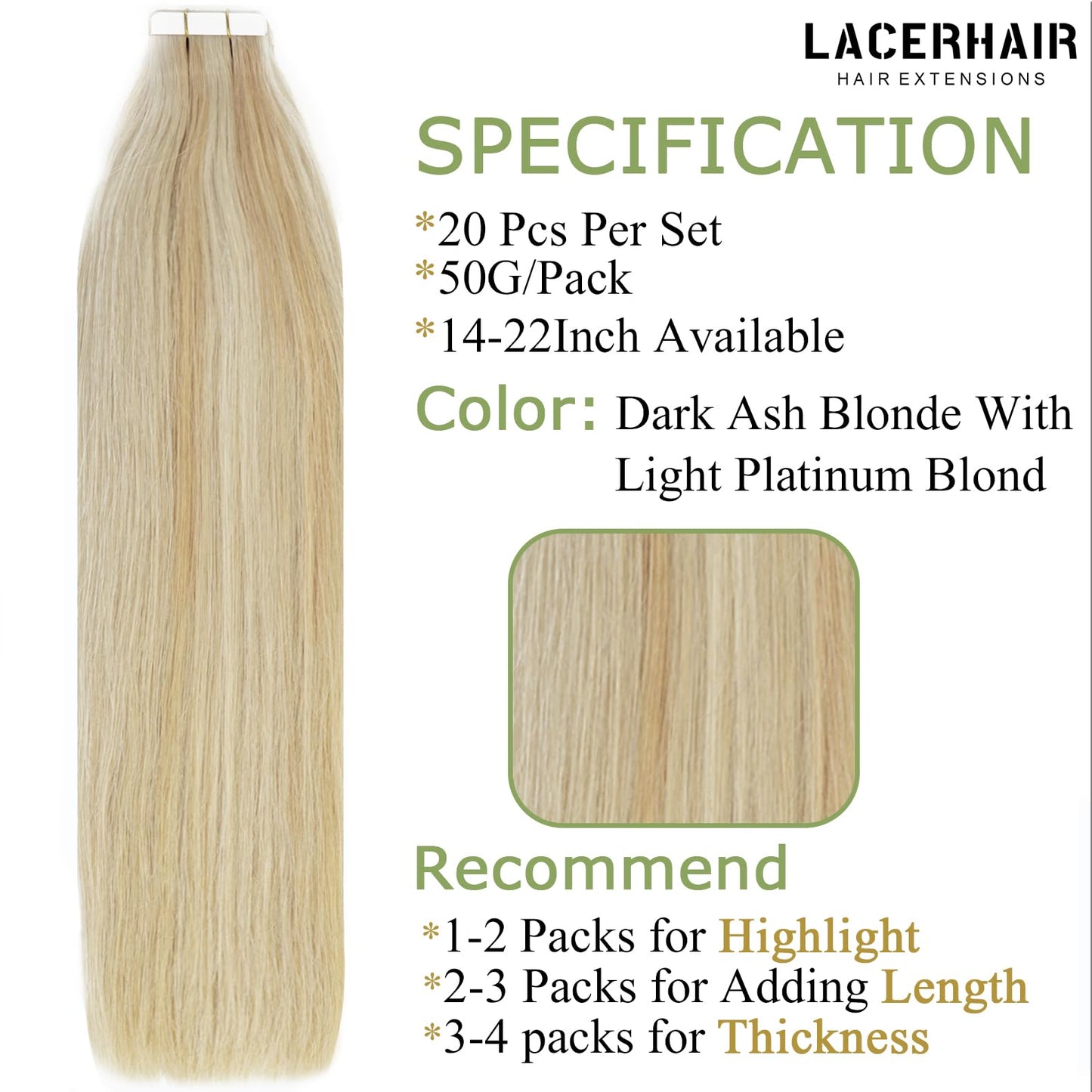 Lacerhair Tape in Remy Hair Extensions Human Hair Tape in 14 Inch Color Balayage Dark Ash Blonde Mixed Light Platinum Blond P#18/60A Real Human Hair Extensions Tape in Hair Extension 20PCS 50G