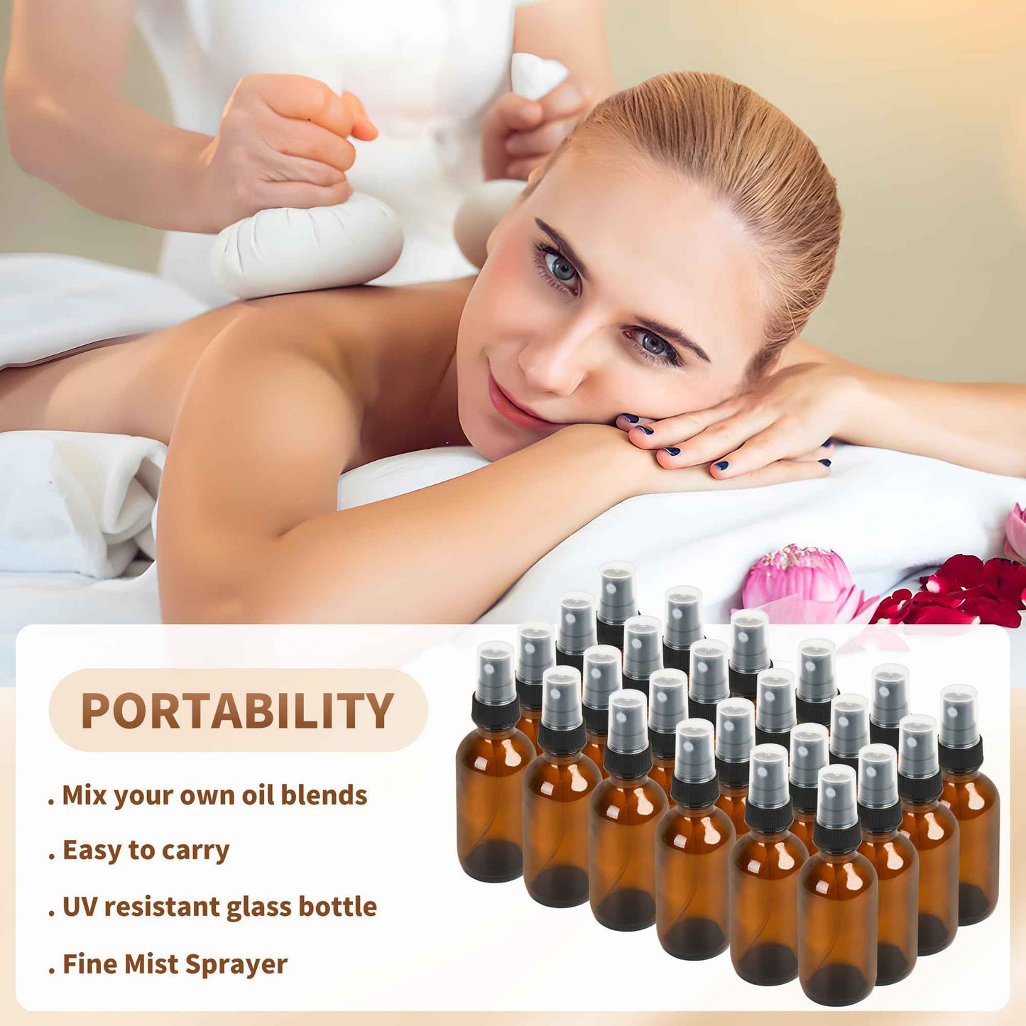 BILLIONSTARS 24 Pack 2oz Glass Boston Round Bottle with Fine Mist Sprayer - Amber - Essential Oils, Bath, Beauty, Hair & Cleaning - Leakproof Travel Bottles