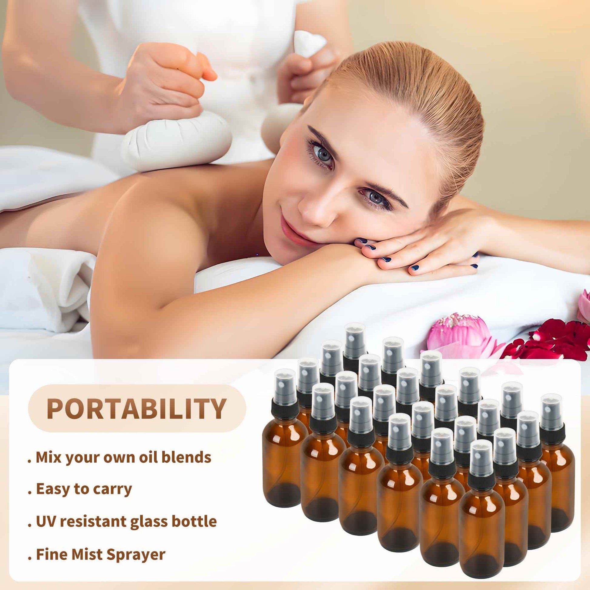 BILLIONSTARS 24 Pack 2oz Glass Boston Round Bottle with Fine Mist Sprayer - Amber - Essential Oils, Bath, Beauty, Hair & Cleaning - Leakproof Travel Bottles