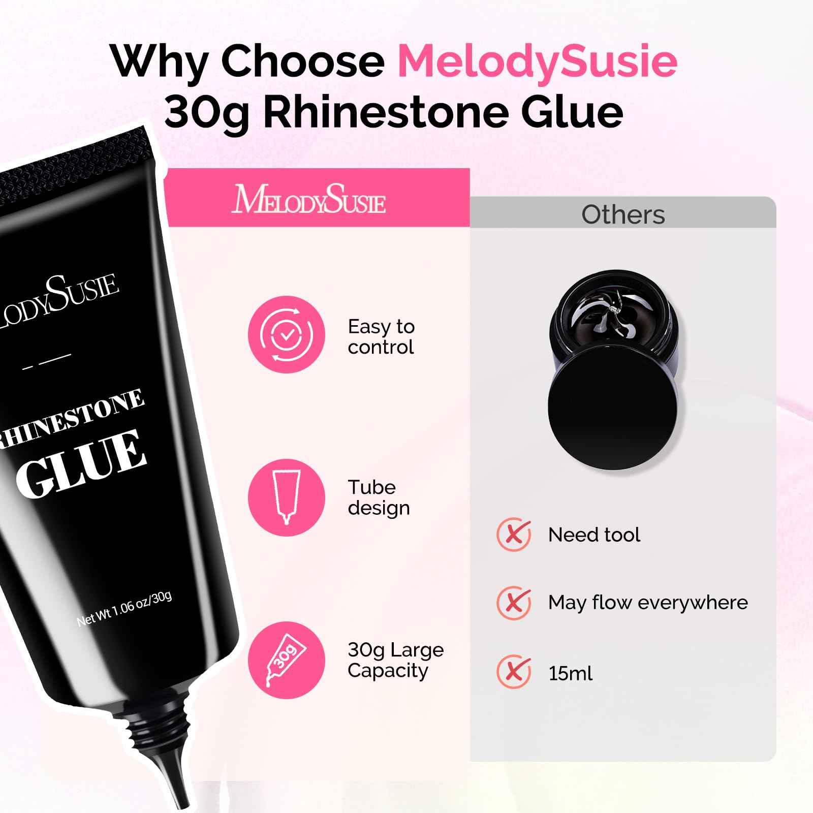 MelodySusie Rhinestone Glue Super Strong Gel Nail Glue for 3D Sculpting Nail Art Design Chrome Powder Decals Decor Need UV/LED Cured 30g