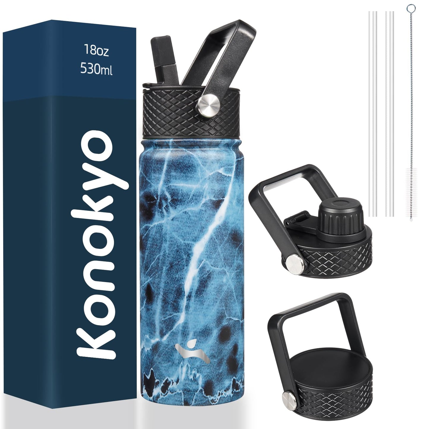 Konokyo Insulated Water Bottle with Straw,18 oz 3 Lids Metal Bottles Stainless Steel Water Flask,Marble Ocean