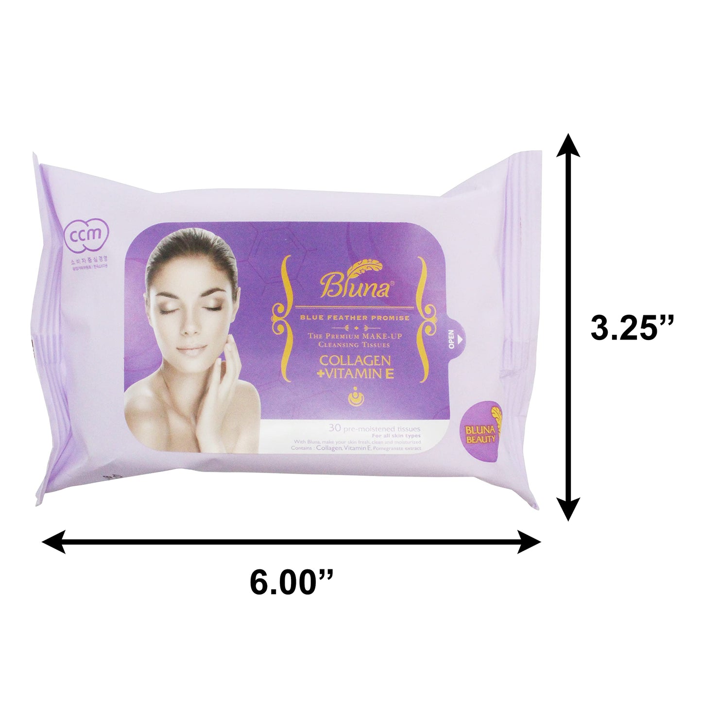 Bluna Facial Make-Up Cleansing Tissue for All Skin Types, Collagen + Vitamin E, 30ct per pack (2 PACK)