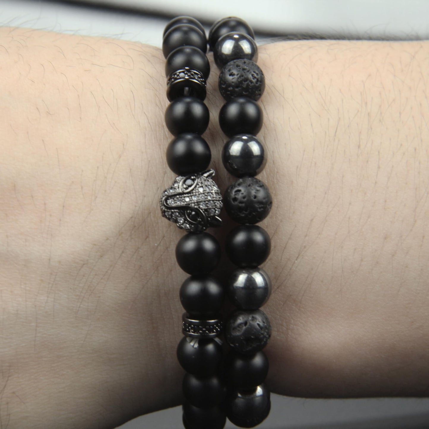 Black Obsidian Bracelet - Fox Bracelet - Tourmaline Beaded Bracelets, 8MM Black Onyx Hematite Lava Stone Beads Triple Protection Bracelet for Men Women Gifts