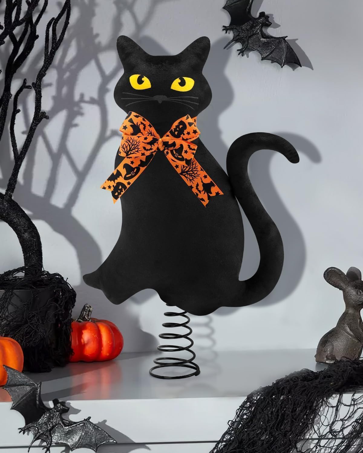 Black Cats Christmas Tree Topper with Stand and Changeable Bows Halloween Xmas Tree Ornament Winter Holidays Home Decorations Cat Lovers Gift Ideas