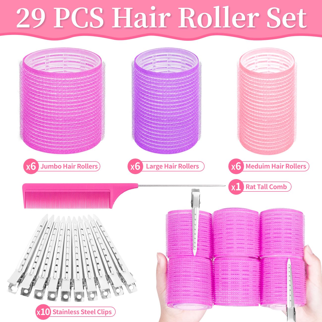 29 PCS Hair Roller Set Hair Curlers, Rollers for Hair Blowout Look with Stainless steel Clips Jumbo Large Medium Hair Curlers for Short Long Hair