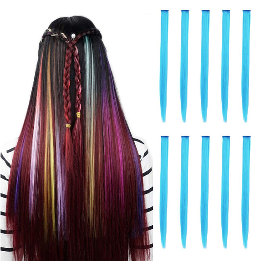 Drayas 10Pcs/set Colored Clip in Hair Extensions Colorful Straight Synthetic Hairpiece for women girls Multi-Colors 22 Inch Party Highlights Hair Extensions (Sky Blue)