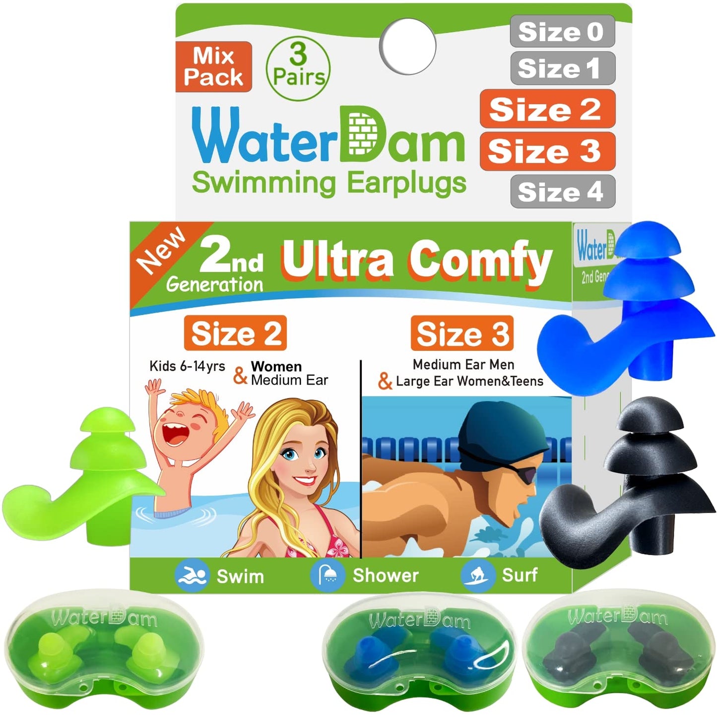 WaterDam Swimming Ear Plugs Great Waterproof Ultra Comfy Earplugs Prevent Swimmer's Ear