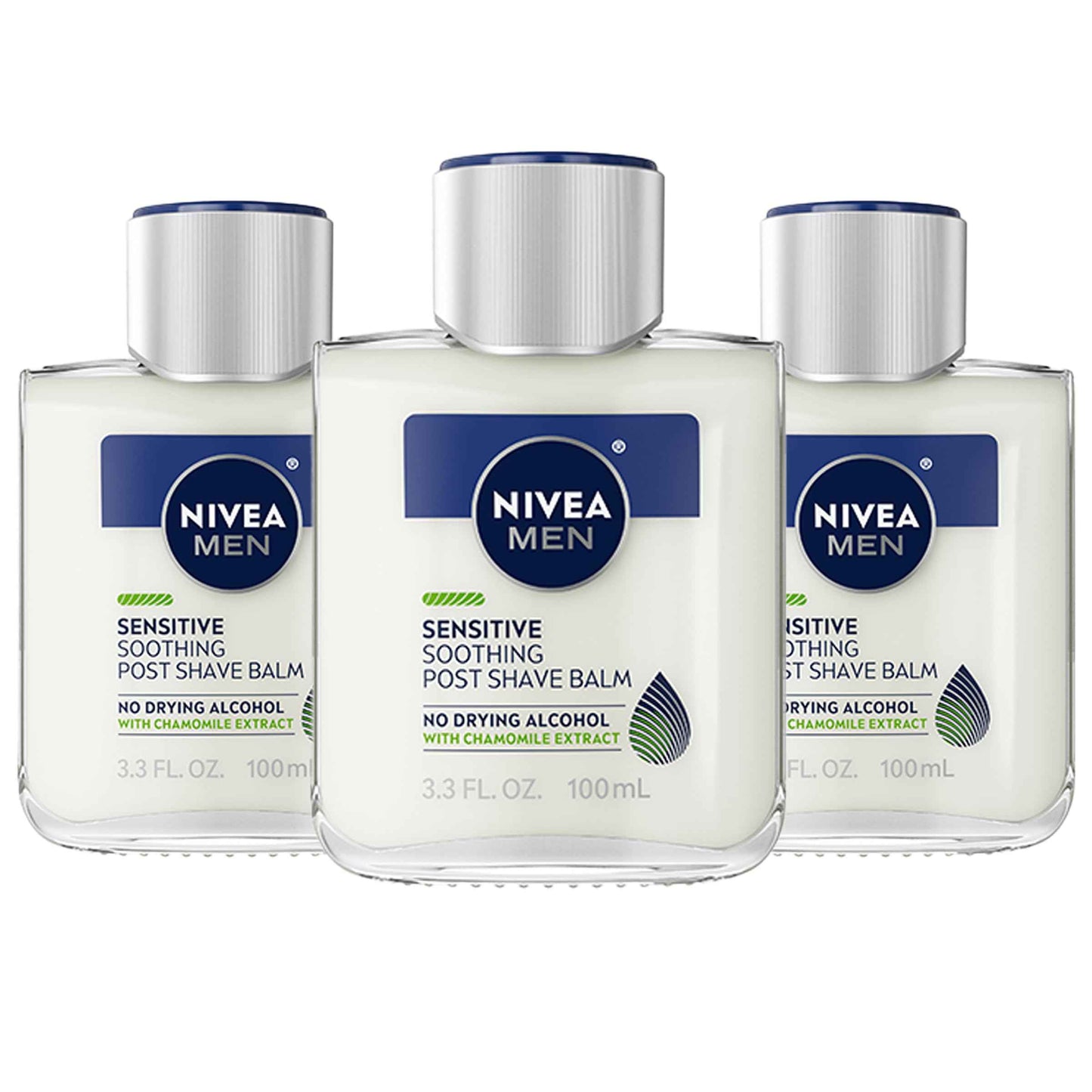 NIVEA MEN Sensitive Soothing Post Shave Balm with Vitamin E, Pro-Vitamin B5 and Chamomile Extract, Alcohol Free After Shave Balm for Men, Non-Greasy, 3.3 Fl Oz Bottle, Pack of 3