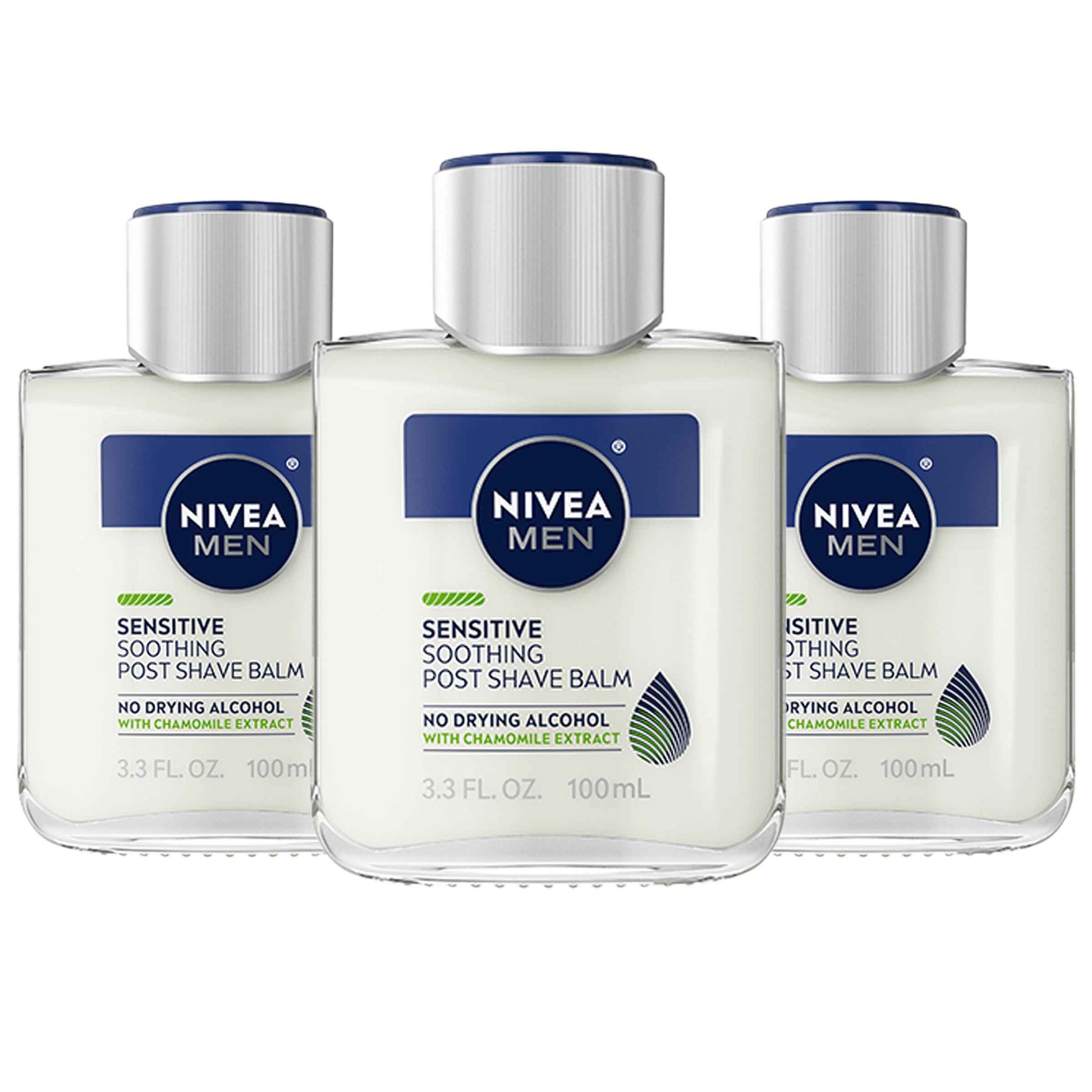 NIVEA MEN Sensitive Soothing Post Shave Balm with Vitamin E, Pro-Vitamin B5 and Chamomile Extract, Alcohol Free After Shave Balm for Men, Non-Greasy, 3.3 Fl Oz Bottle, Pack of 3