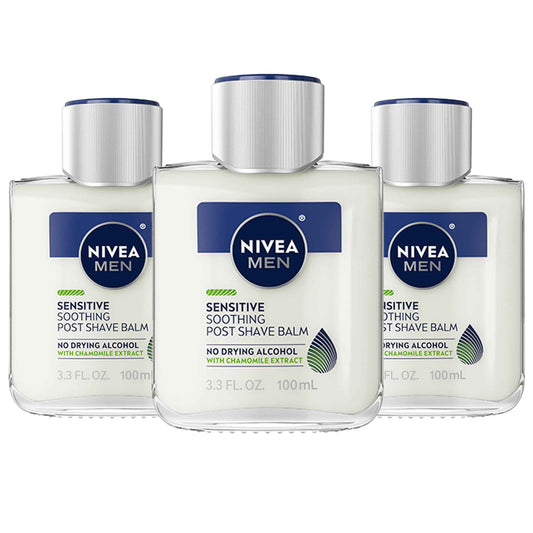 NIVEA MEN Sensitive Soothing Post Shave Balm with Vitamin E, Pro-Vitamin B5 and Chamomile Extract, Alcohol Free After Shave Balm for Men, Non-Greasy, 3.3 Fl Oz Bottle, Pack of 3