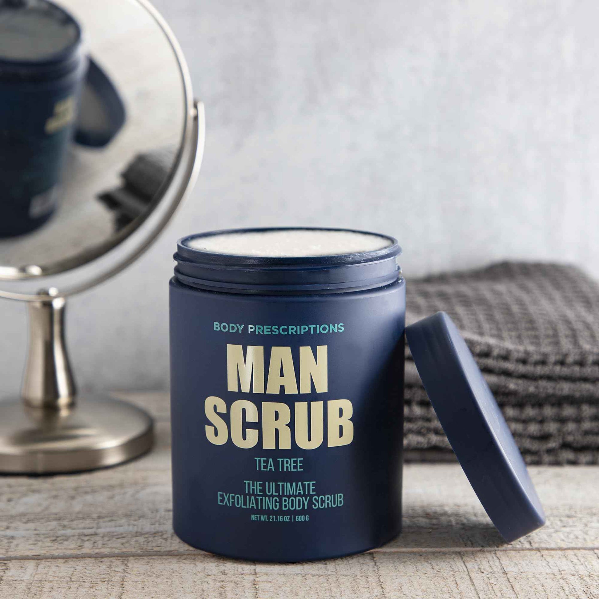 Body Prescriptions Men’s Exfoliating Body Scrub – Ultimate Skin Cleansing Wash in Jar with Twist-Top Lid, For All Skin Types, 21 Ounce (Pack of 4), Tea Tree
