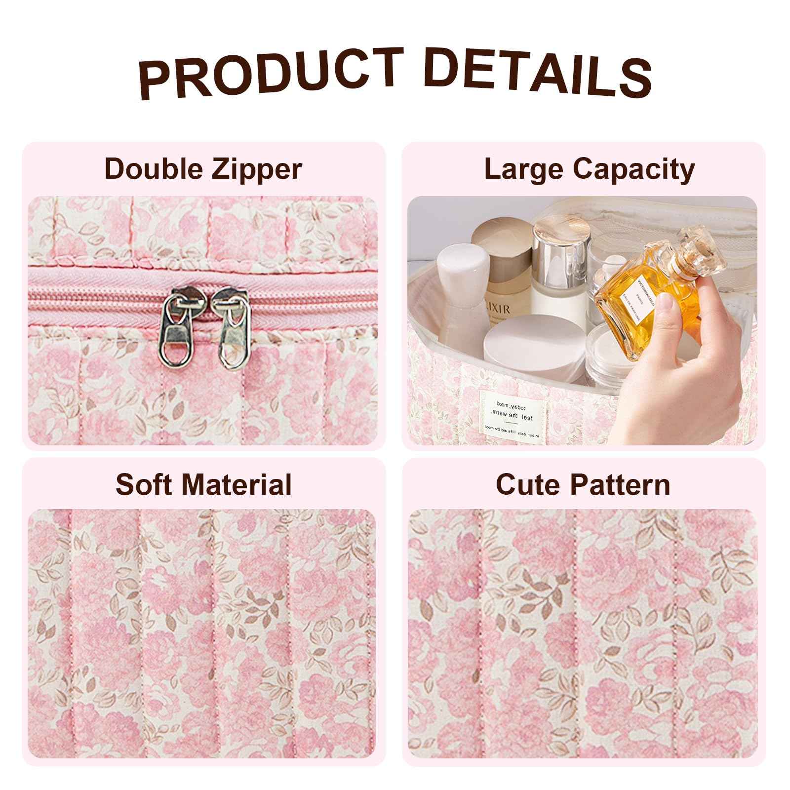 GISMTR 3Pcs Makeup Bag Cotton Quilted Travel Cosmetic Bag Cute Floral Makeup Pouch Large Toiletry Bag for Women Girls (Flowers-Pink3)