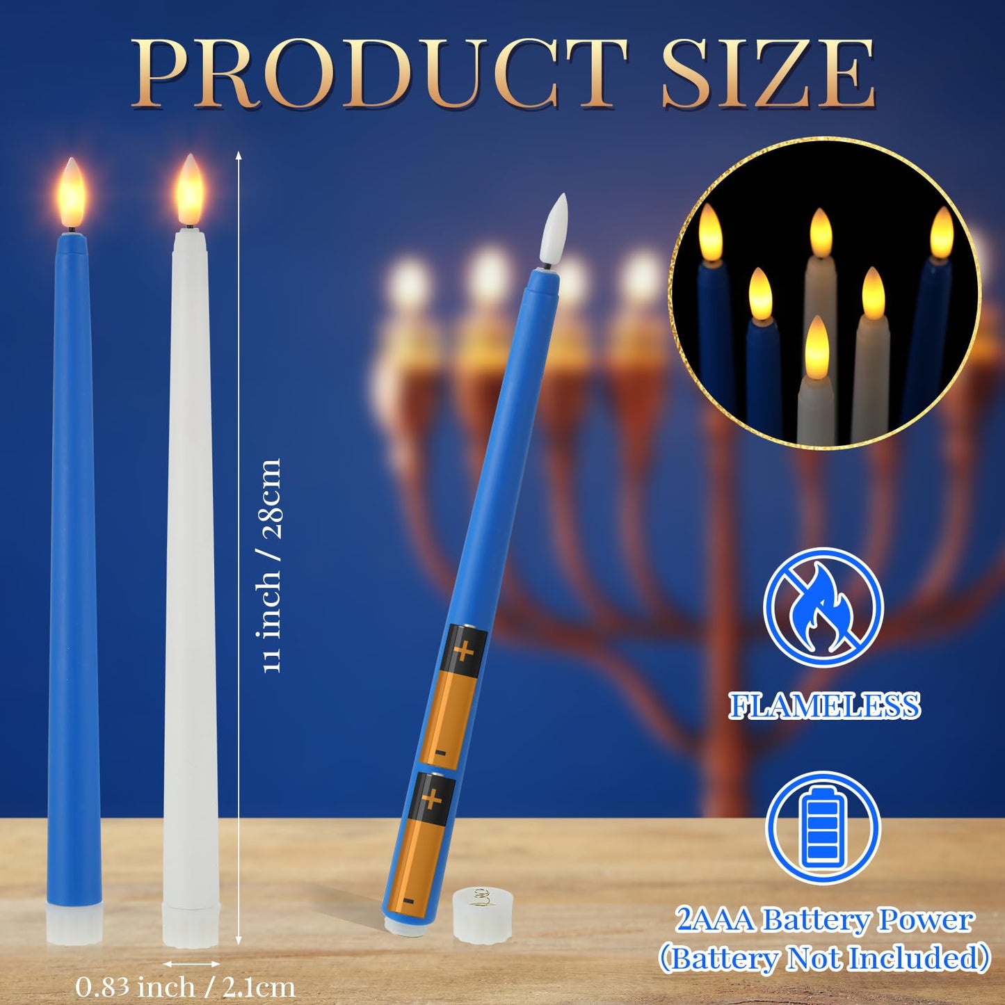 Macarrie 24 Packs Flameless Taper Candles Battery Operated 11 Inch Long Candle Light LED Flameless Candlesticks Fake Candles Flickering Tapered Candles for Wedding, Christmas(Blue, White)