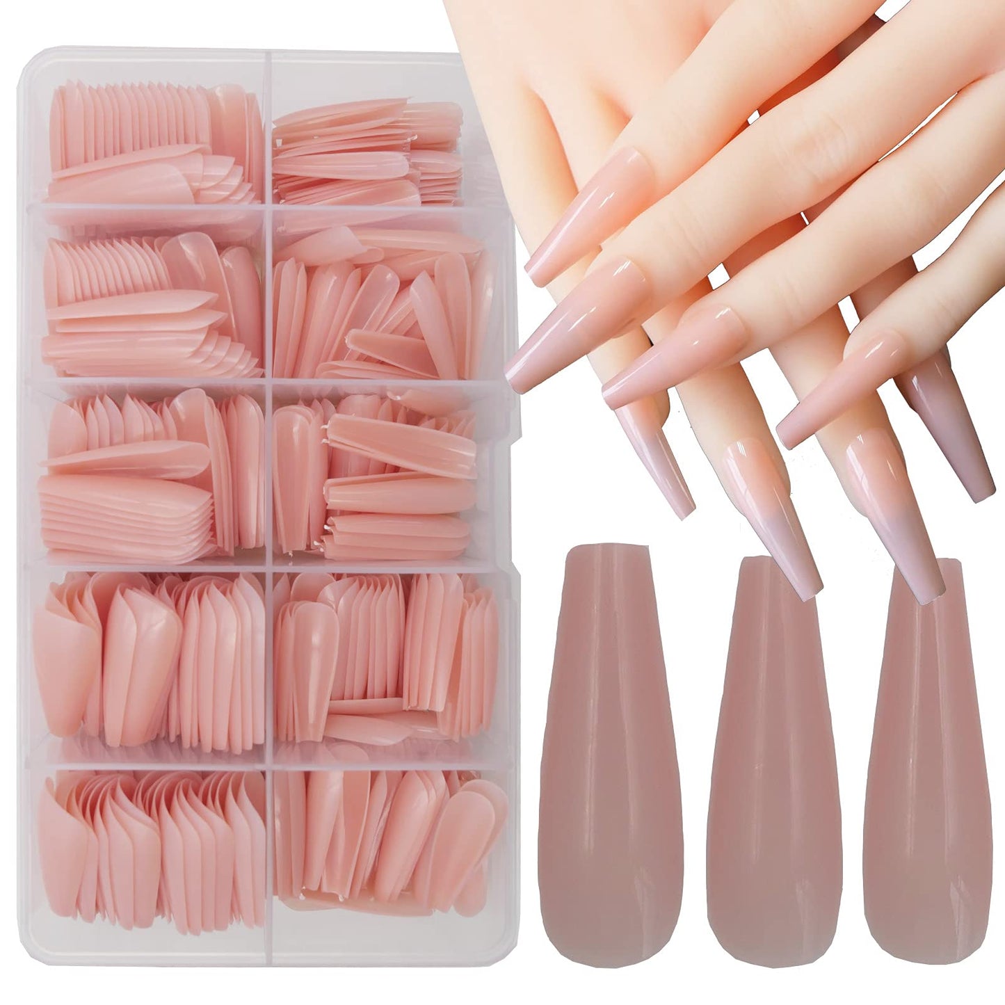 500pc Nude Pink Coffin False Nails Press on Full Cover Ballerina Fake Acrylic Nail Tips Manicure Fingernails Design Decor with Case for Women Girls Home Salon DIY (Nude Pink)