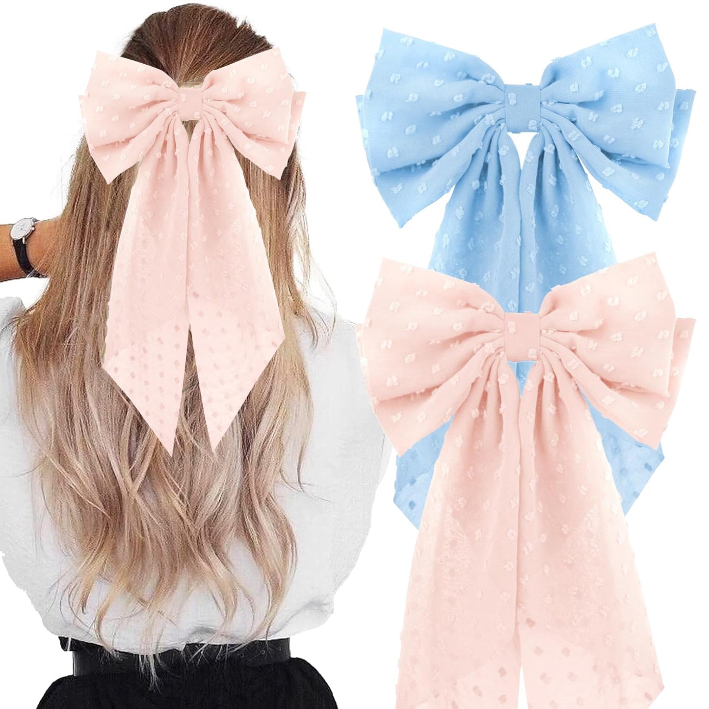 2PCS Large Hair Bows Ribbon Hair Clips, Double Layers Big Bow Hair Clip With Long Tail Ribbon Bowknot Hair Barrettes, Ponytail Holder Hair Accessories for Women Girls (Blue+Pink)