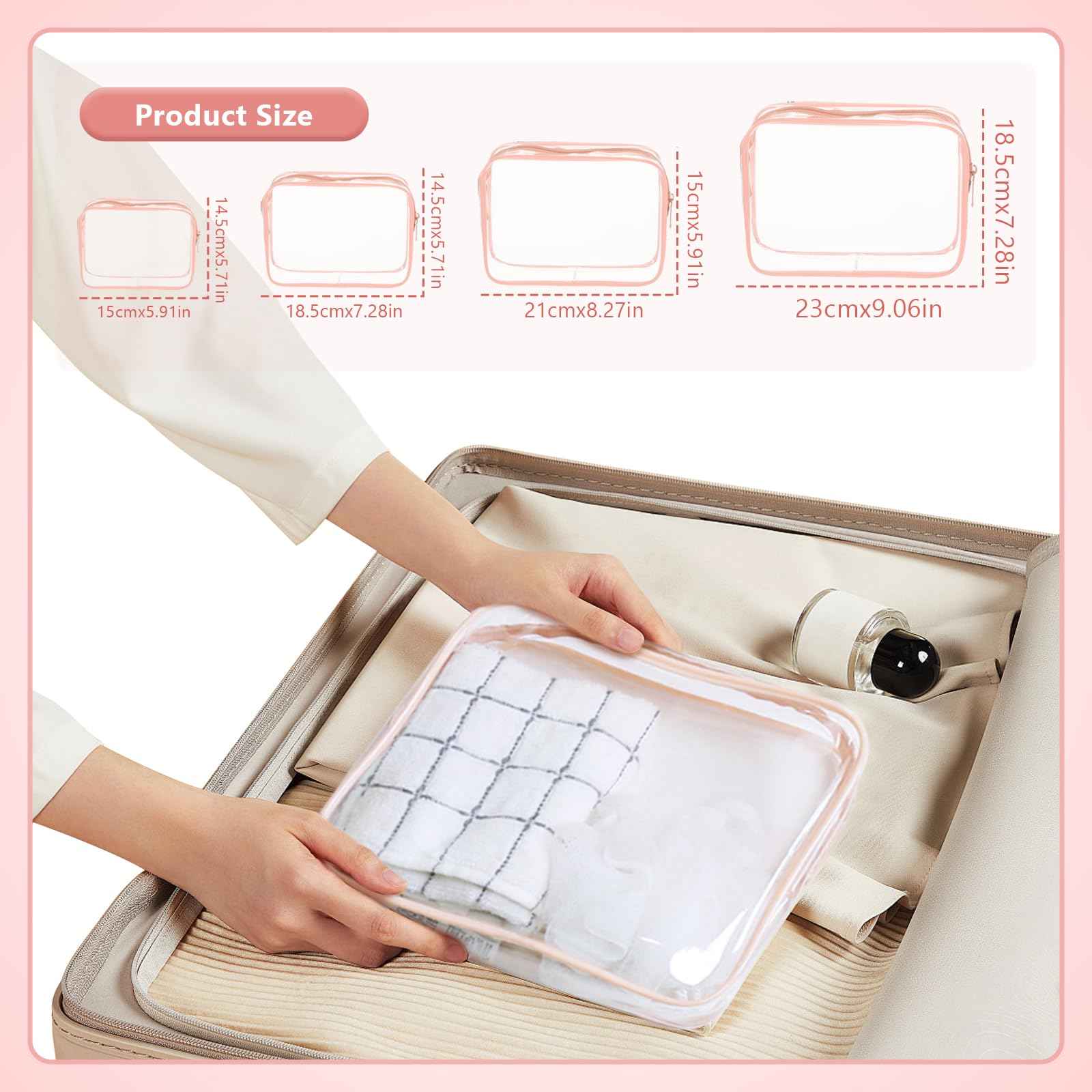 EVDIAGD Clear Cosmetic Bag, 4 Pcs Waterproof Clear Plastic Cosmetic Makeup Bags,Transparent Packing Organizer Storage Bags,Christmas Gift for Mother,Wife,Grilfriends(Pink).