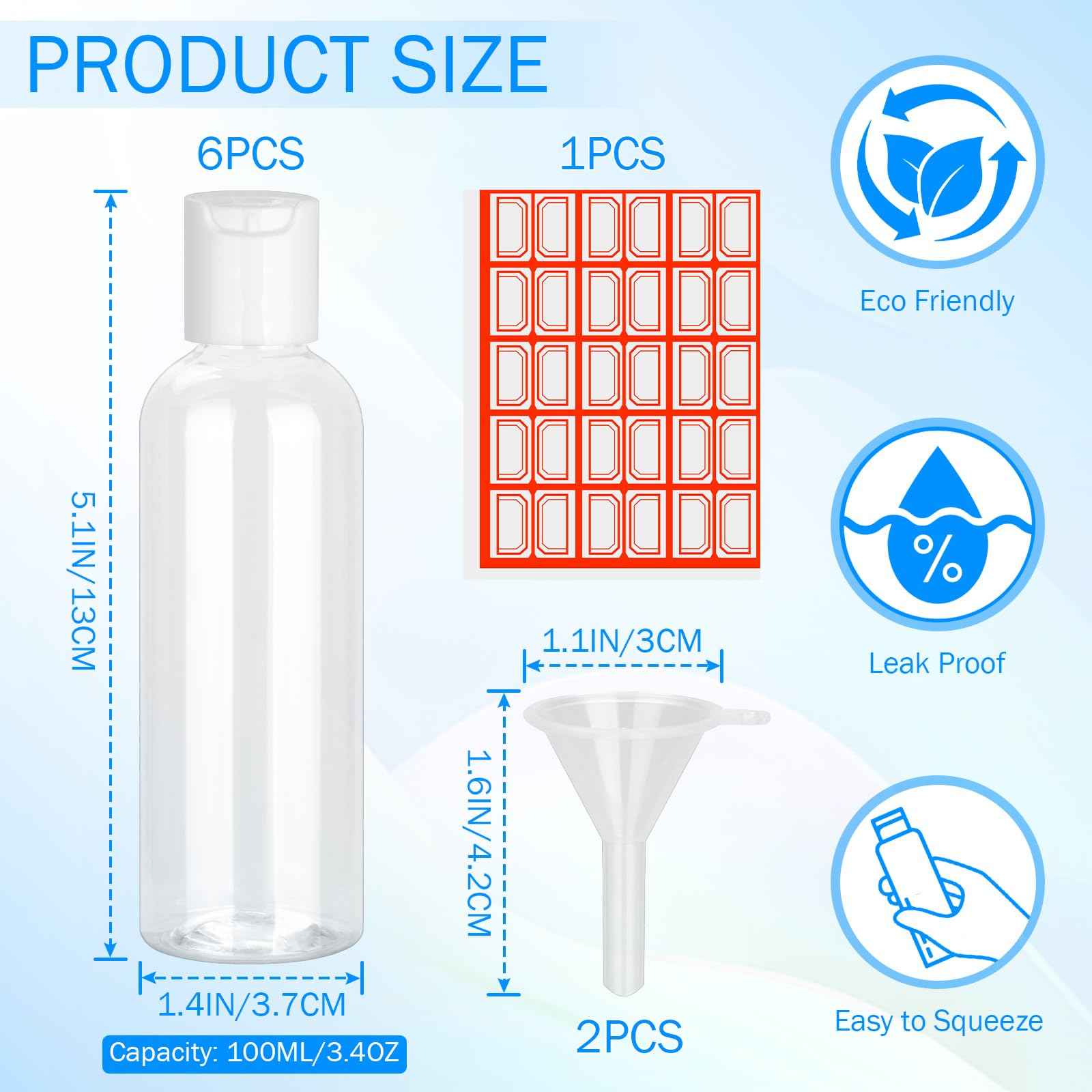 CHGANG 6 Pack 3.4 oz Travel Bottles for Toiletries - TSA Approved Leakproof Plastic Empty Travel Size Bottles Containers with Labels for Shampoo, Conditioner, Lotion