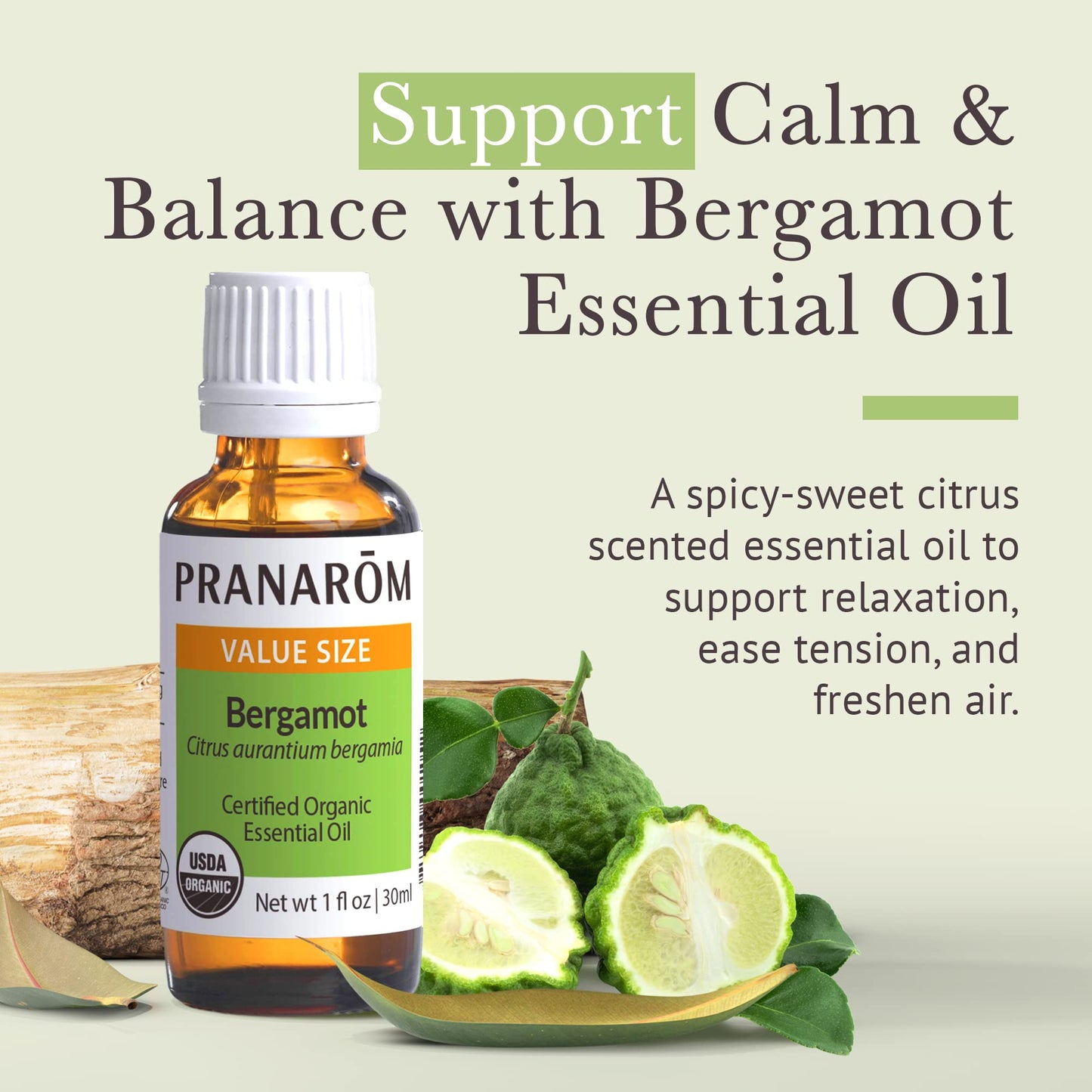 Pranarom USDA Certified Organic Bergamot Essential Oil (30ml), 100% Pure Undiluted Therapeutic Grade from Italy for Aromatherapy, Diffuser, Uplifting Scent, Immune Support, Relaxation, Sleep