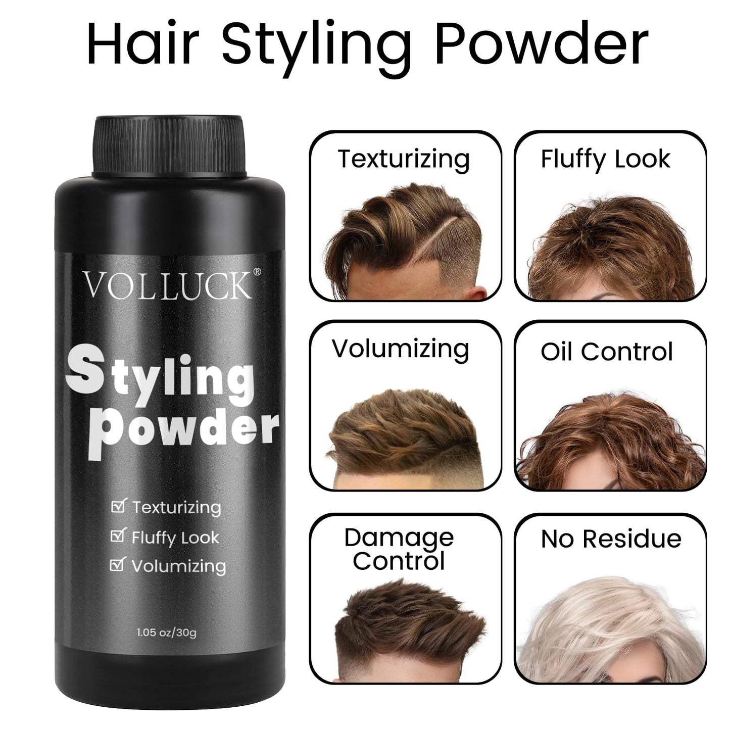 VOLLUCK Hair Styling Powder + Styling Comb with Parting Tip Set Texture Powder 1.05Oz Soft & Fluffy Hair Powder Strong Hold Hair Volume Powder