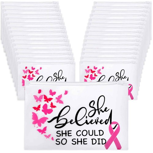 100 Pieces Breast Cancer Awareness Items Makeup Bags Bulk Pink Ribbon Zippered Cosmetic Pouch Breast Cancer Survivor Gifts for Women EVA Waterproof Toiletry Bag for Charity Recognition Public Event