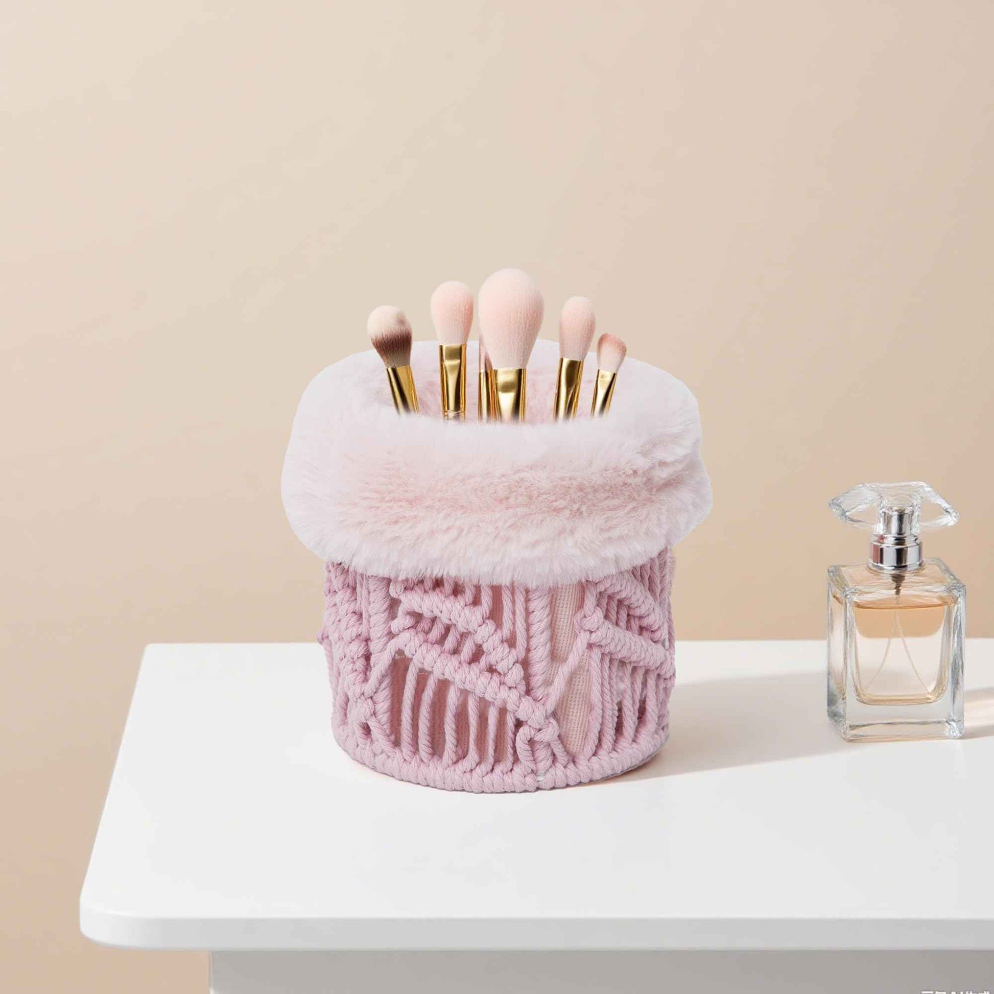 QIANWEIWOVEN Handmade Cotton rope makeup bucket organizer with removable plush lining,Cosmetic organizer (Pink)