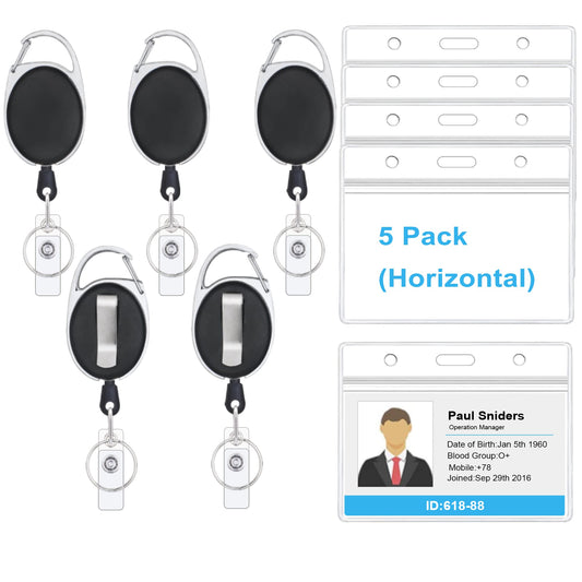 5 Pack ID Badge Holder with Clip – Badge Reels Retractable Heavy Duty – Clear Id Card Holder Retractable – Horizontal Lanyard Id Holder with Carabiner Badge Reel – Badge Holders with 24" Pull Cord