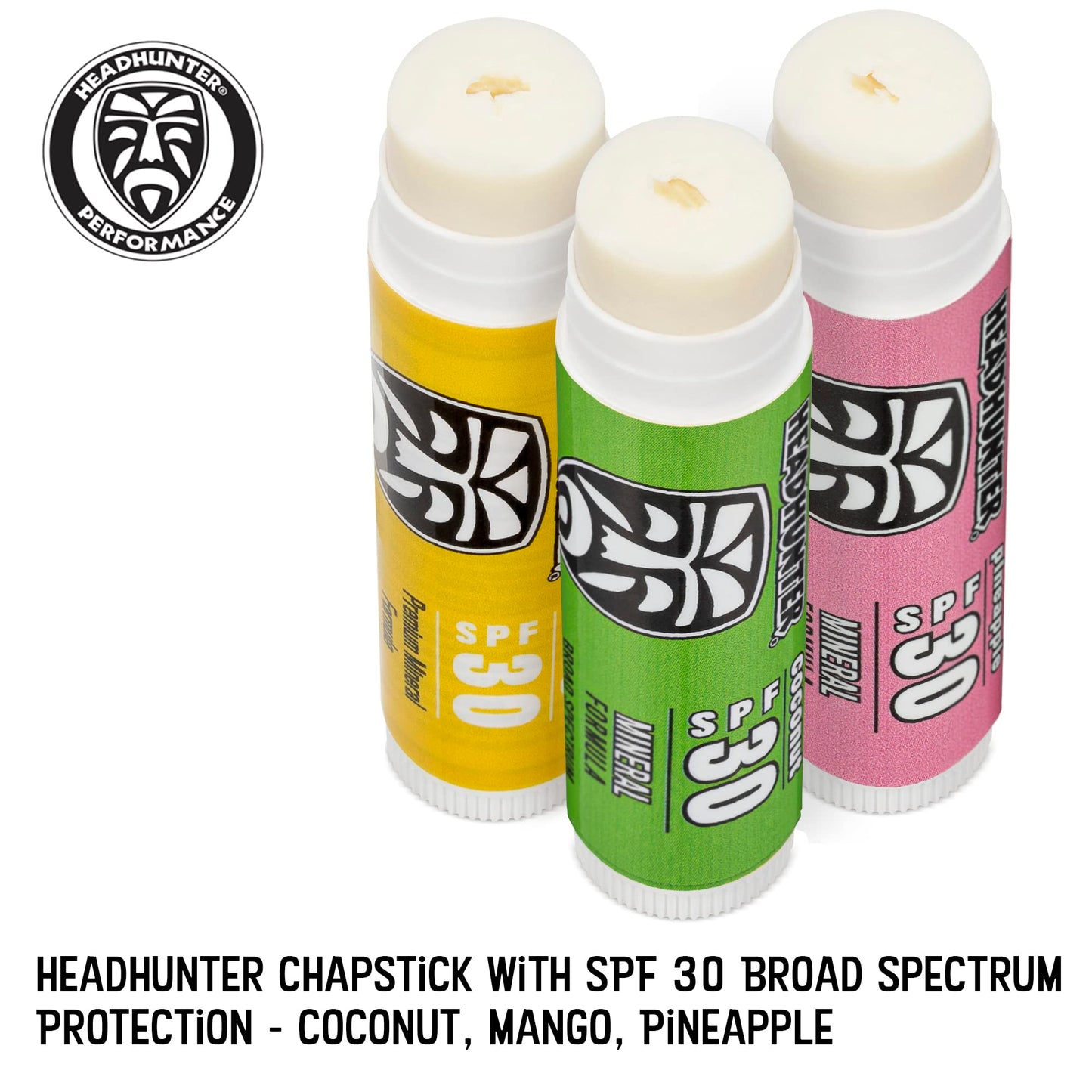 Headhunter Sport Chapstick Sunscreen SPF 30, Natural Mineral Waterproof Lip Balm For Sun Protection, Ultra Solar Defense - Reef Safe Sunblock Chap Stick, 3 Flavors - Coconut, Pineapple, Mango (3 Pack)