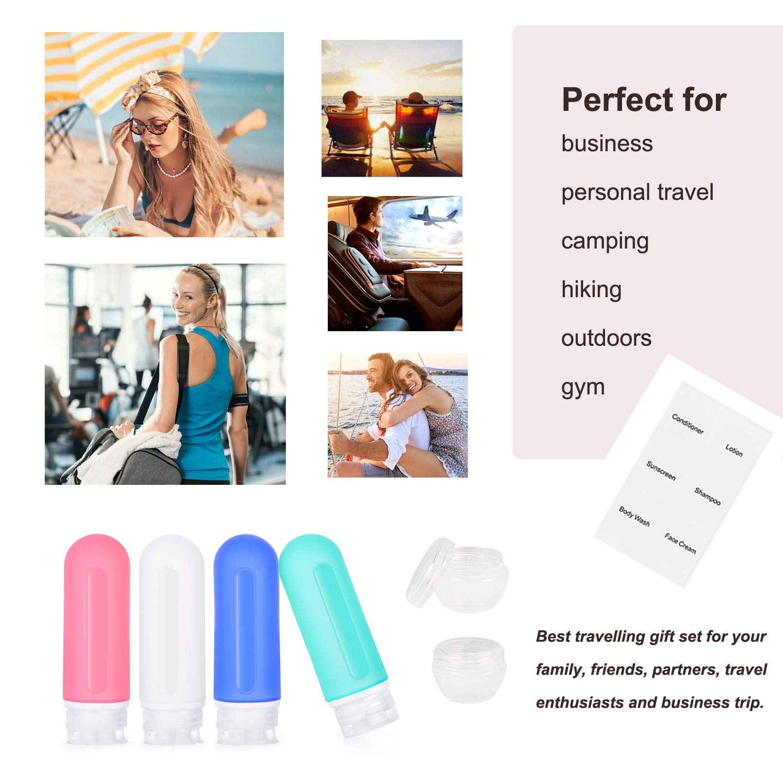 Travel Bottles for toiletries, Tsa Approved 3oz Travel Size Containers BPA Free Leak Proof Refillable Liquid Silicone Squeezable Travel Accessories for Shampoo Conditioner Lotion (4 Bottles + 2 Jars）