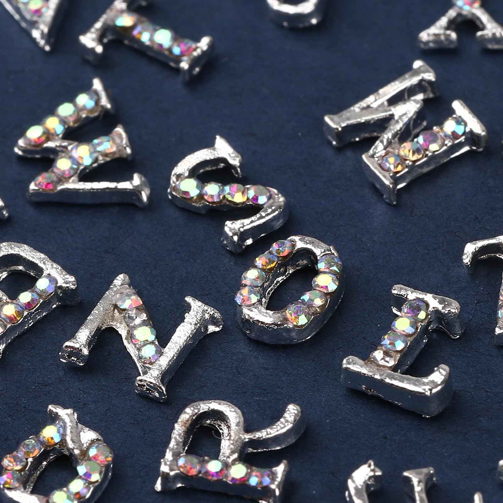 ROFIBUT Silver Letters Nail Charms Alloy English Alphabet Stud Nail Gems with Rhinestones Design 3D Shiny Letter Capital Nail Diamonds for Women Acrylic Nails Bling Jewels Making Crafts Manicure 26Pcs