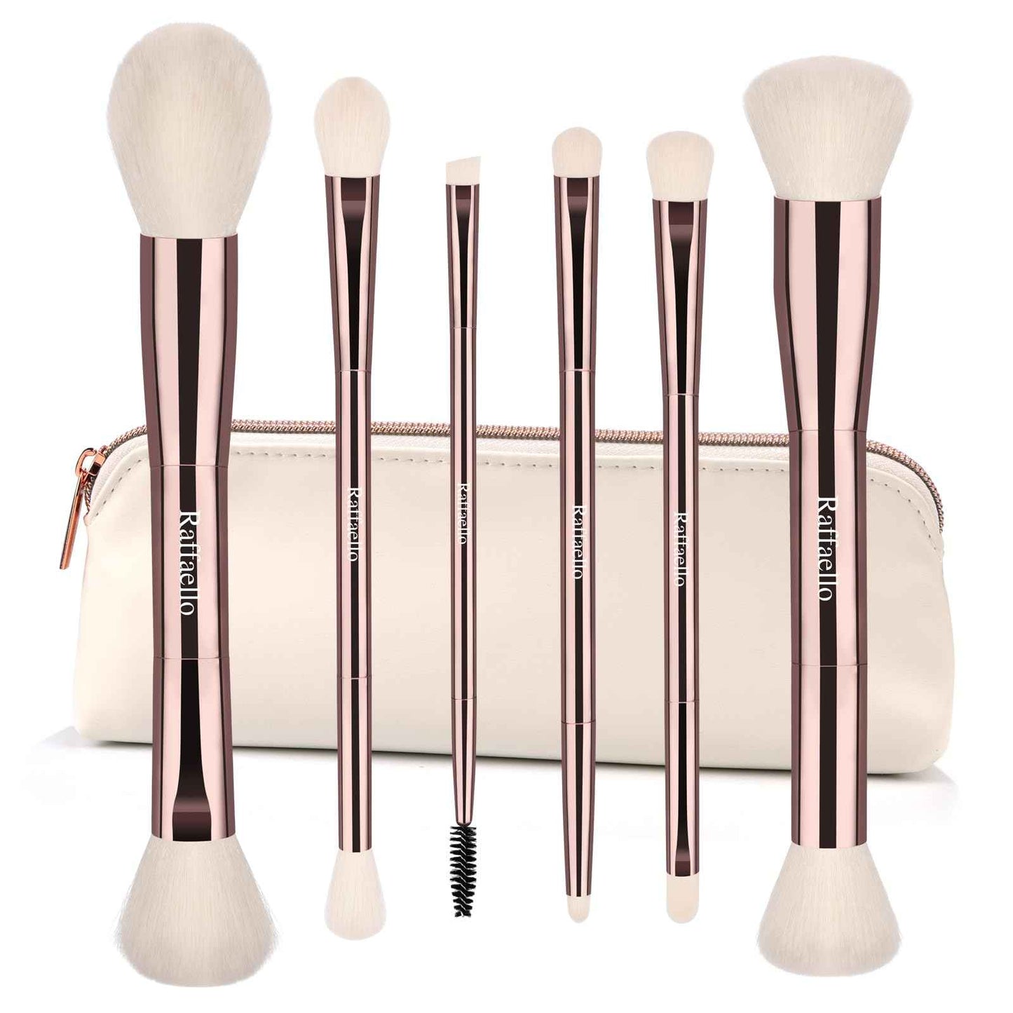 Raffaello 6-in-12 Dual-Ended Makeup Brushes Set, Sustainable Rose Gold Brushes with Recycled Materials, Includes White Faux Leather Pouch, Professional Face & Eye Makeup Kit for Travel and Daily Use