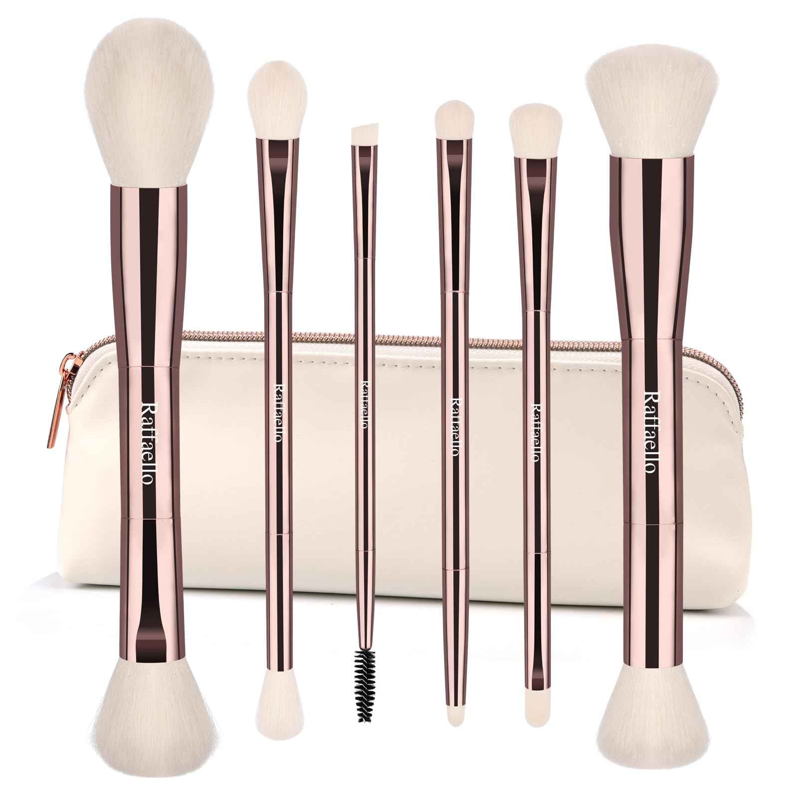 Raffaello 6-in-12 Dual-Ended Makeup Brushes Set, Sustainable Rose Gold Brushes with Recycled Materials, Includes White Faux Leather Pouch, Professional Face & Eye Makeup Kit for Travel and Daily Use