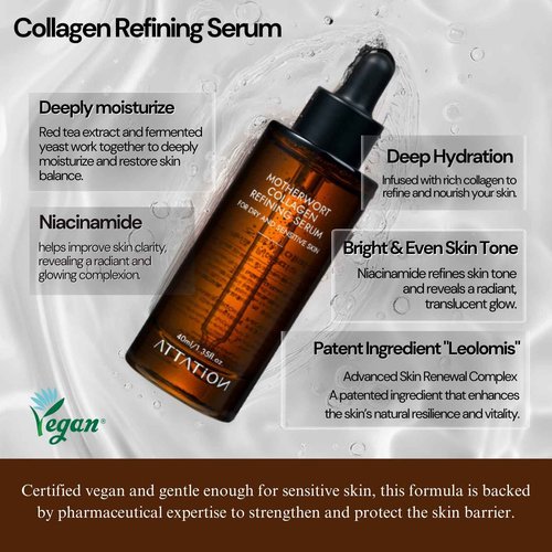 ATTATION Motherwort Collagen Refining Serum Daily Routine For Glow and Glass Skin, Vegan Korean Skin Care for Dry and Sensitive skin 40ml / 1.35 fl. oz.