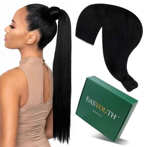 Easyouth Ponytail Extension Human Hair Black Pony Tails Hair Extensions Jet Black 12 Inch 70g Flexible Wrap Around Ponytail Human Hair Short Straight Hair Extensions