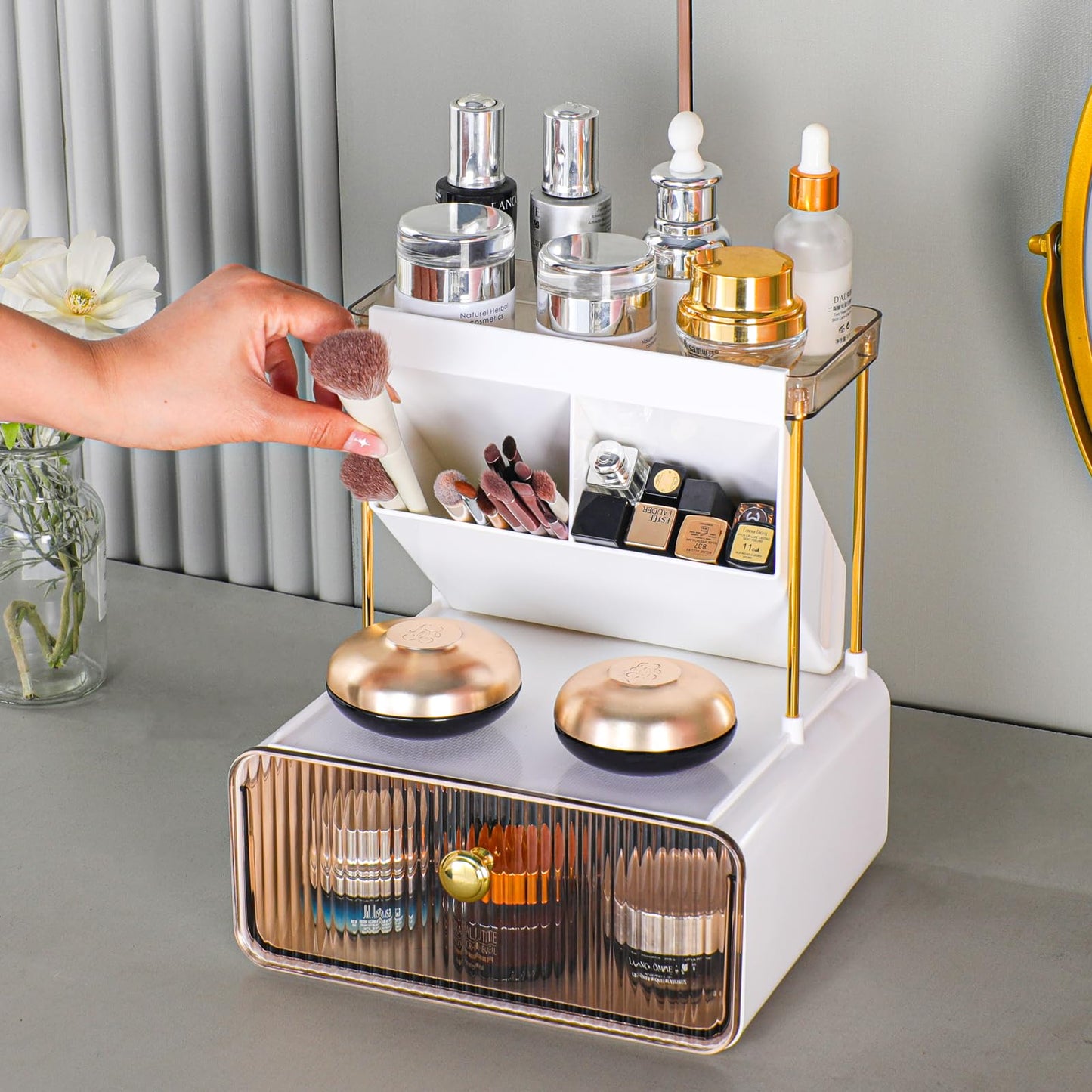 Anlynwooh Makeup Organizer with Drawer, Bathroom Organizers and Storage，Makeup Brush Holder,Lipstick and Perfume Organizer,Cosmetic and Vanity Organizer,Desk Organizer (AMBER)