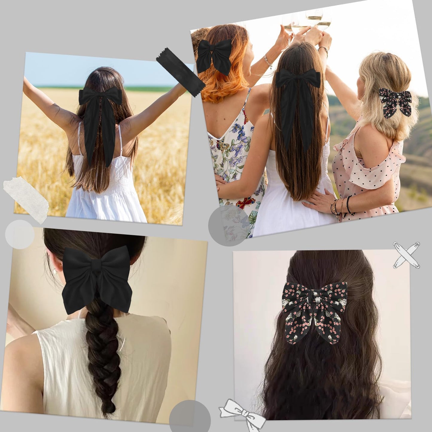 Drnytunk Bow Hair Clips for Women Girls Satin Hair Ribbon Clips Bowknot Barrettes,3PCS Tassel Hair Bowknot Clips Printed Bow Hair Clips Long-tail Hair Bows Cute Hair Accessories,Black