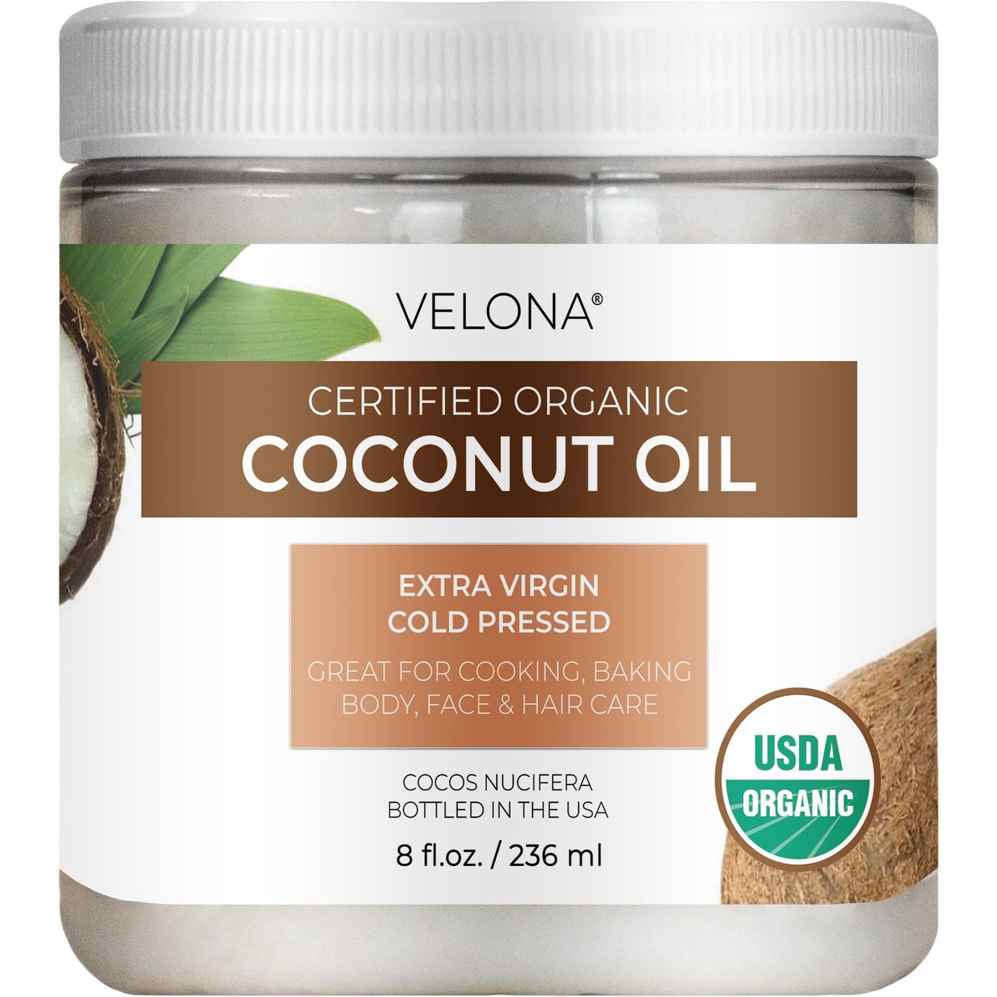 Velona USDA Certified Organic Coconut Oil Extra Virgin - 8 fl oz | Food and Cosmetic Grade | in jar | Extra Virgin, Cold Pressed