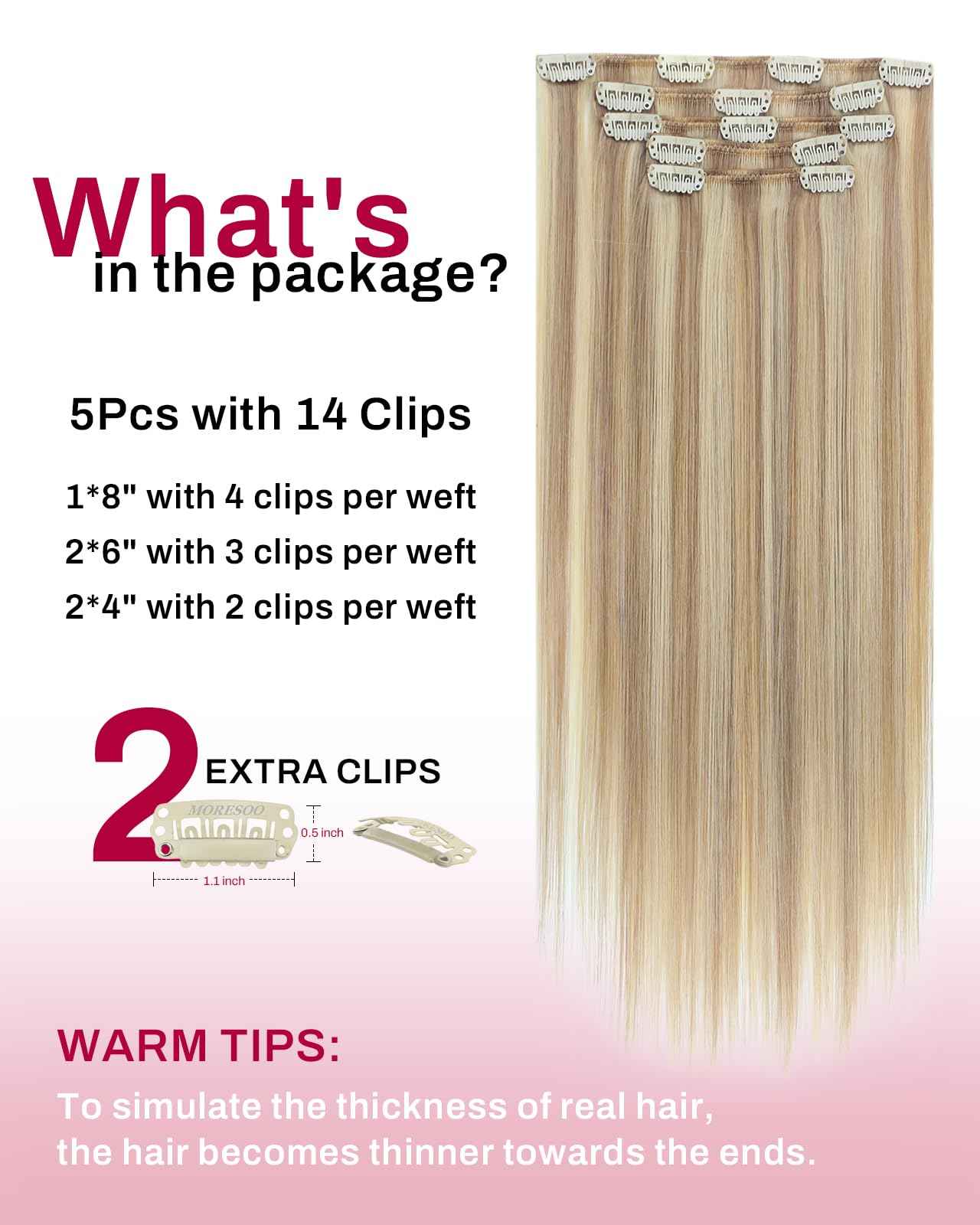 Moresoo Clip in Hair Extensions Blonde Short Human Hair Clip in Extensions Highlights Dark Ash Blonde With Medium Blonde Double Weft for Women Straight 80g/5pcs 10 inch